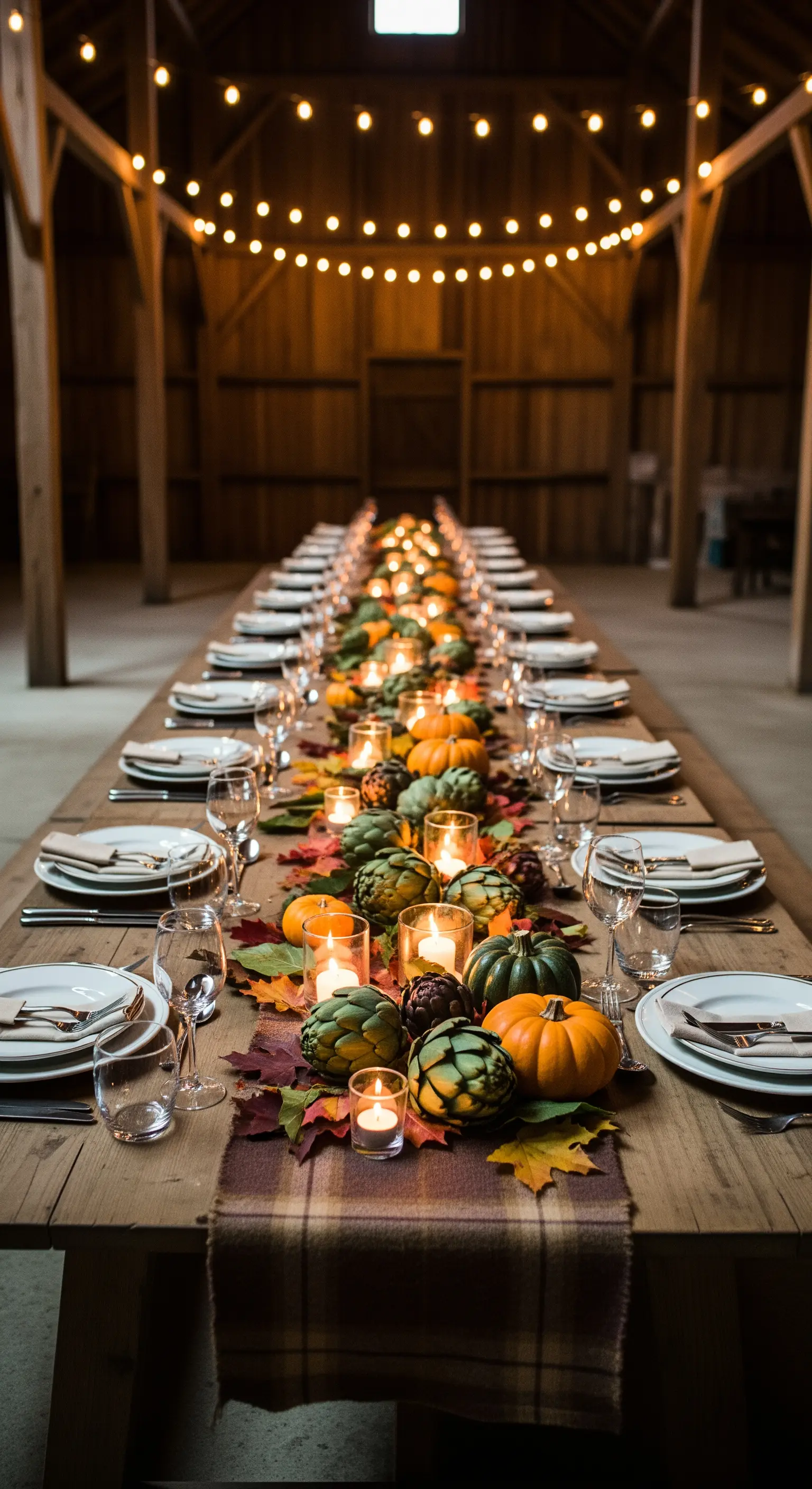 Lungo tavolo in un fienile con centrotavola di zucche e candele, illuminato da fili di luci.