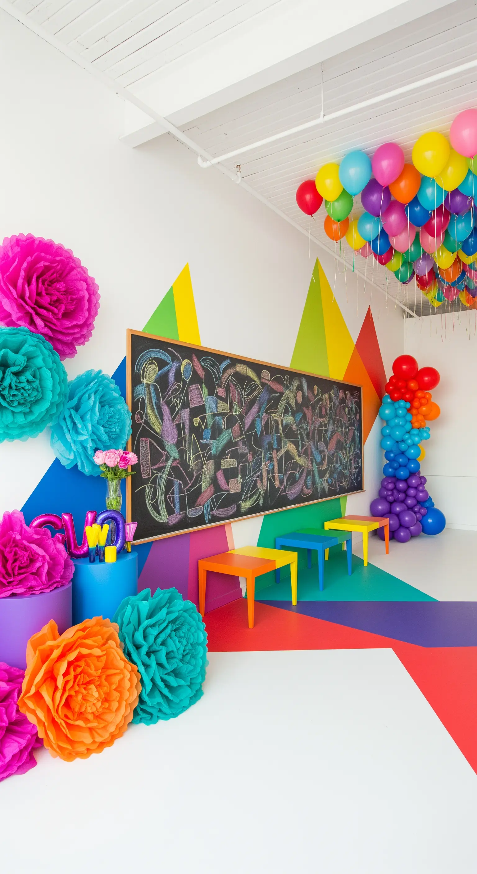 Allestimento pop art con forme geometriche, palloncini colorati e fiori di carta giganti.