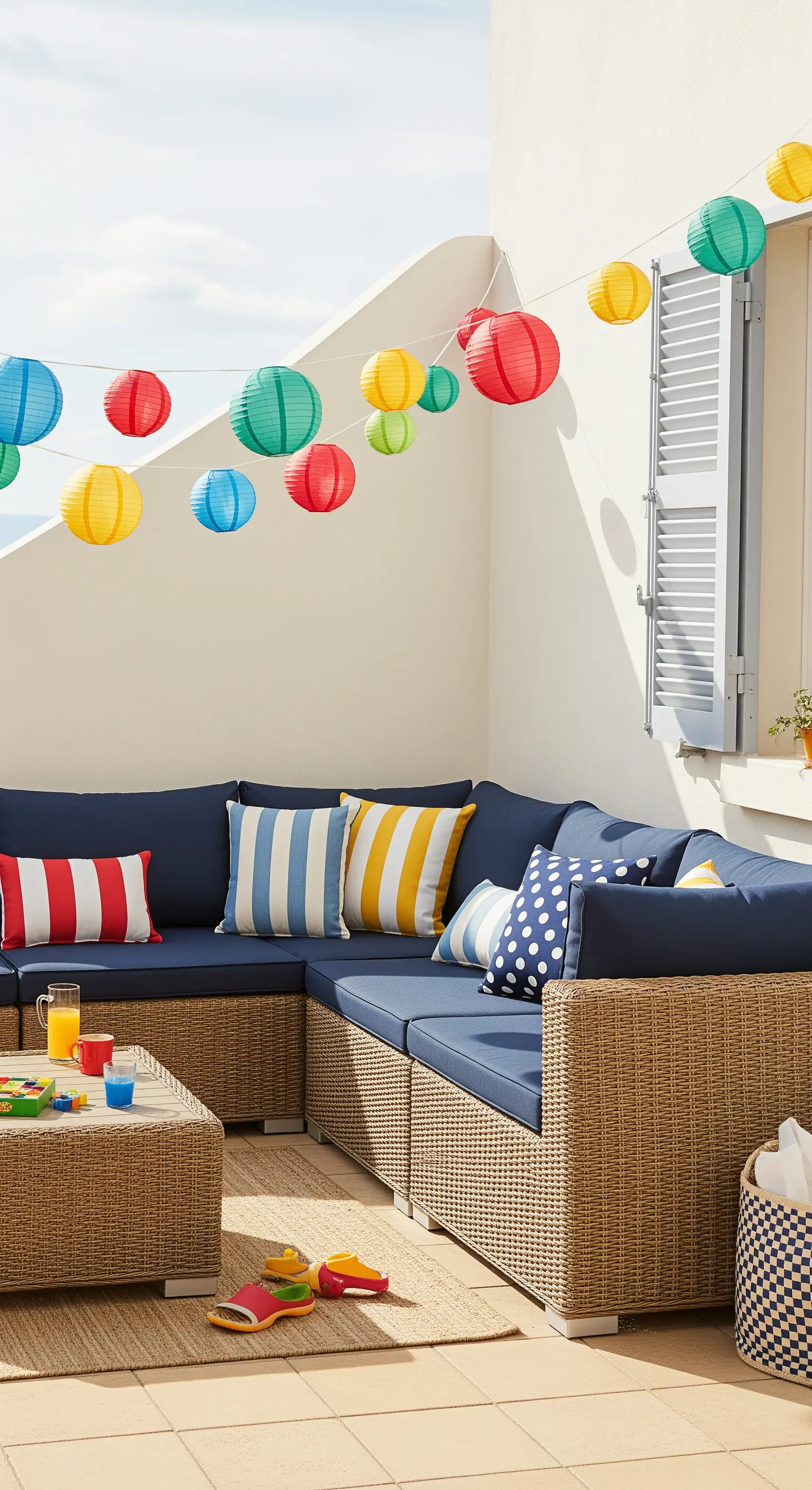 Divano blu in rattan con cuscini a righe e pois, sotto una fila di lanterne di carta colorate.