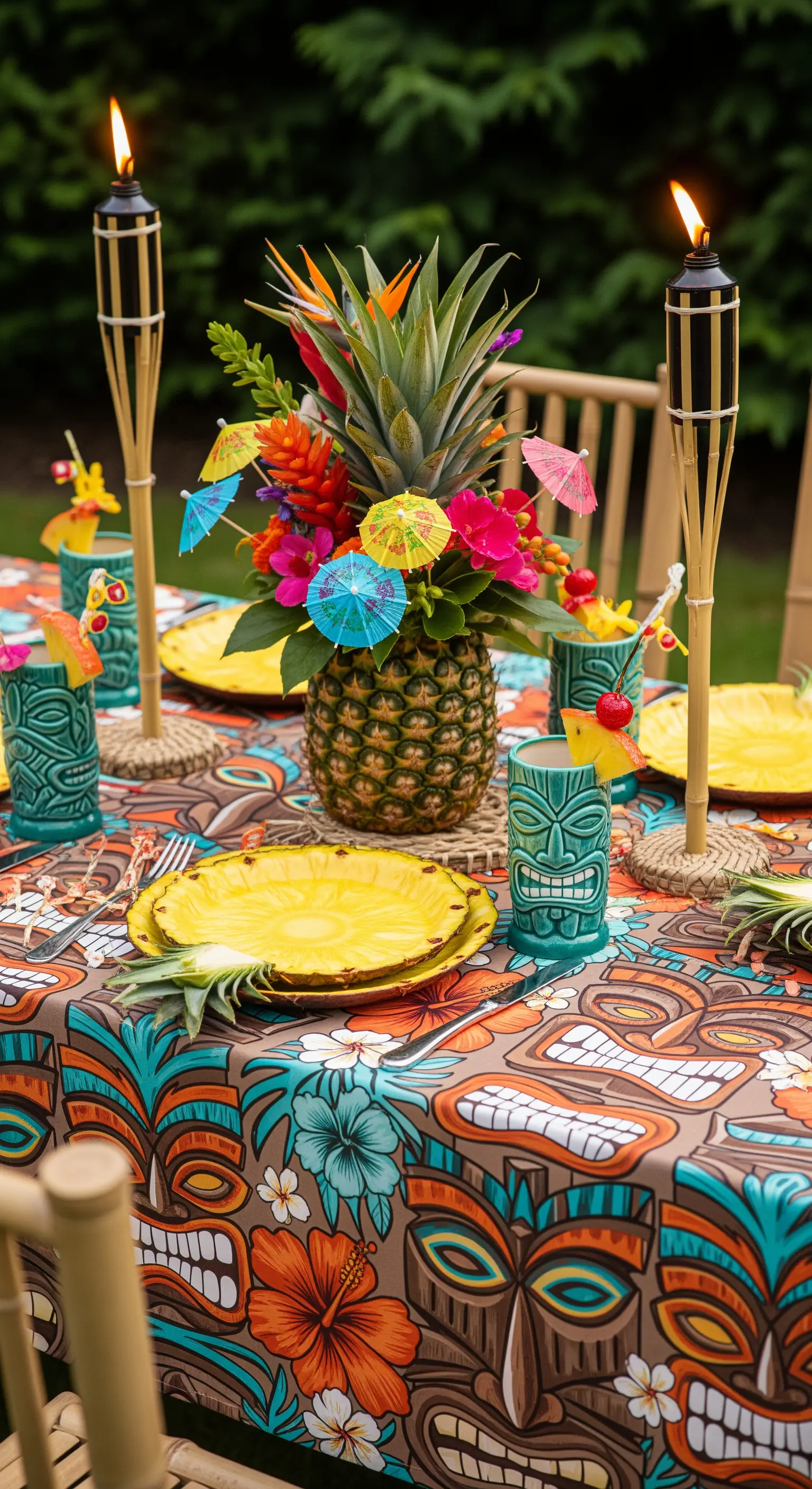 Tavola a tema tiki con maschere, ananas, torce di bambù e cocktail colorati.