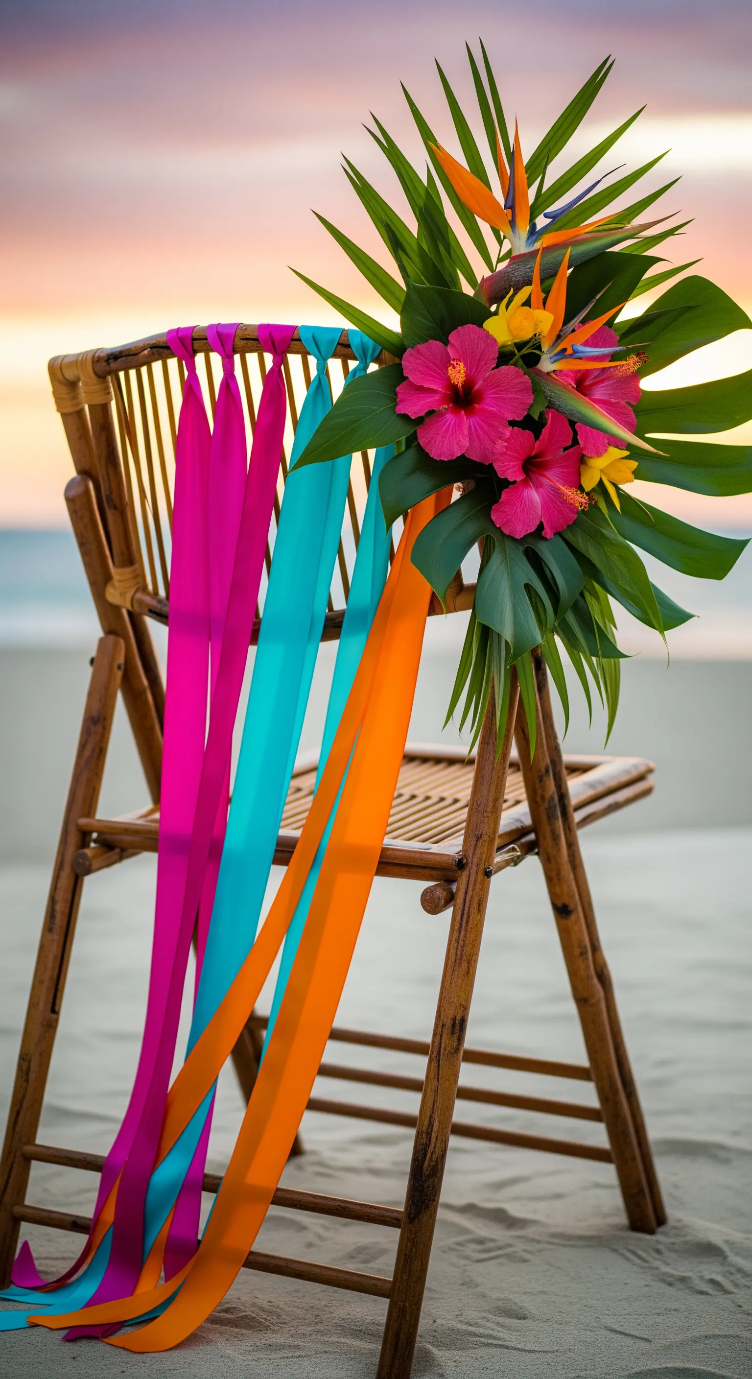 Sedia in bambù decorata con nastri fucsia e arancioni e un bouquet di fiori tropicali.