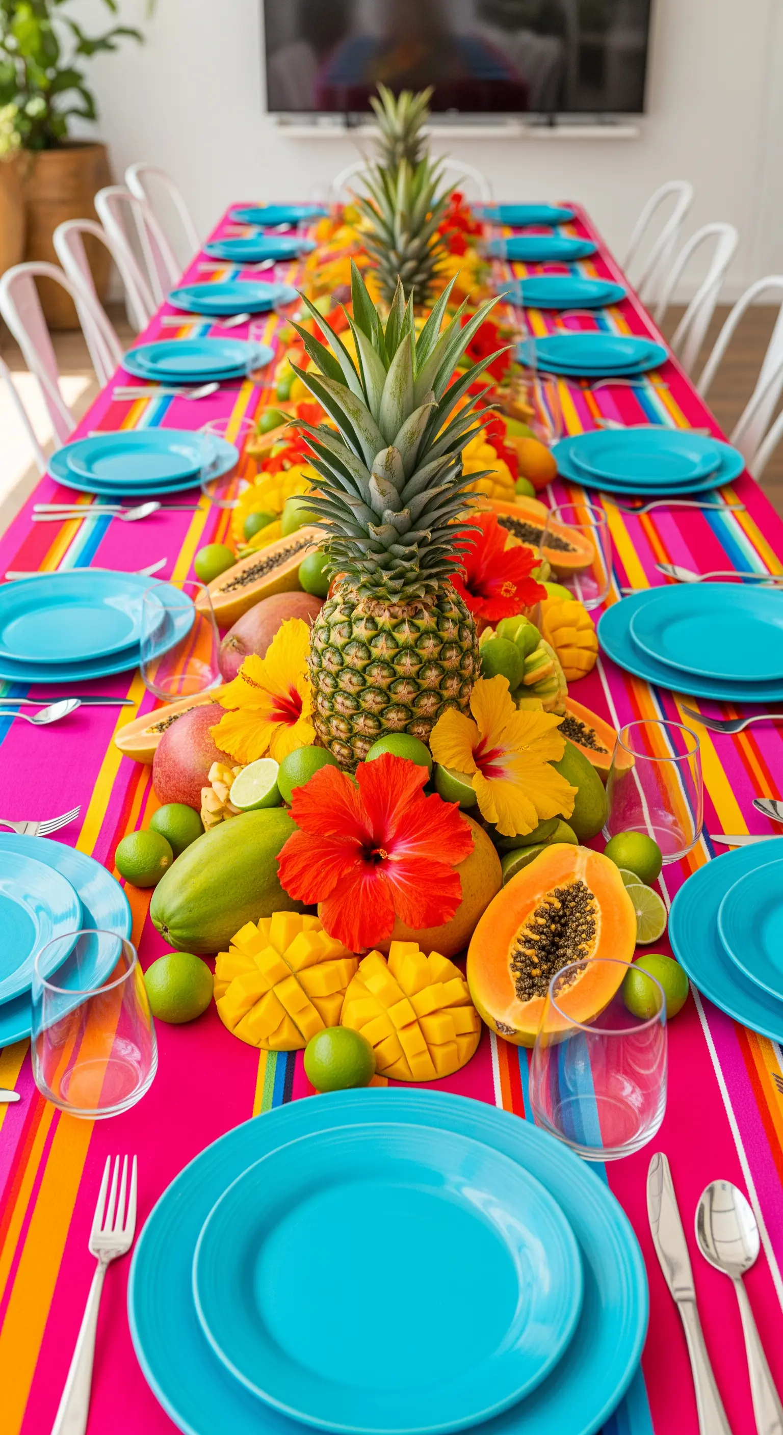 Tavola tropicale con ananas, papaya e piatti turchesi su tovaglia a righe.