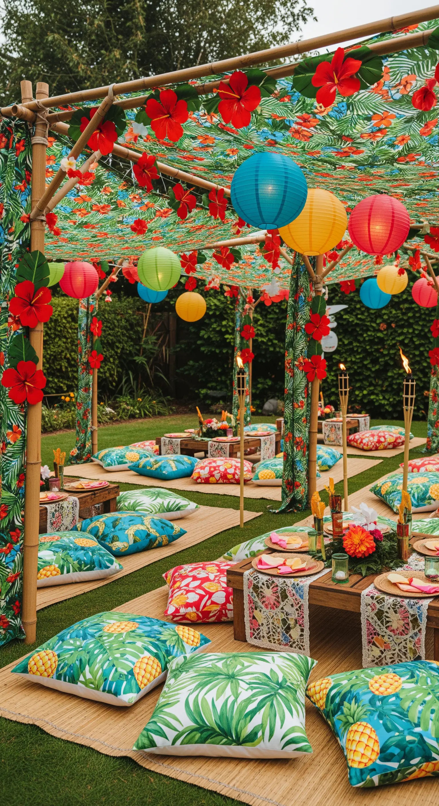 Allestimento a tema tropicale con pergola in bambù, cuscini a stampa floreale e lanterne colorate.