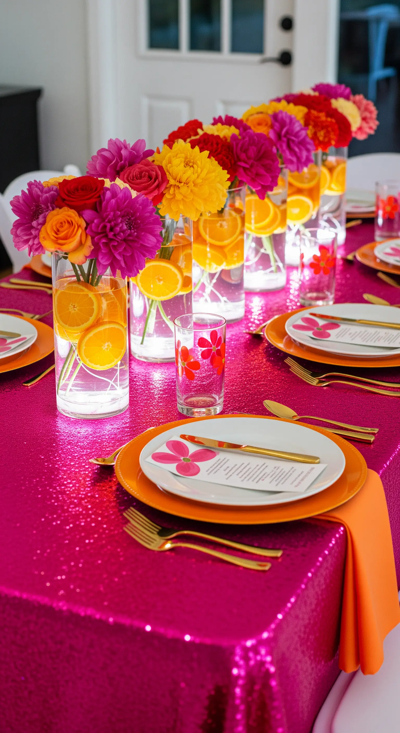 Tavola di compleanno vivace con tovaglia fucsia e vasi con fiori e fette d'arancia.