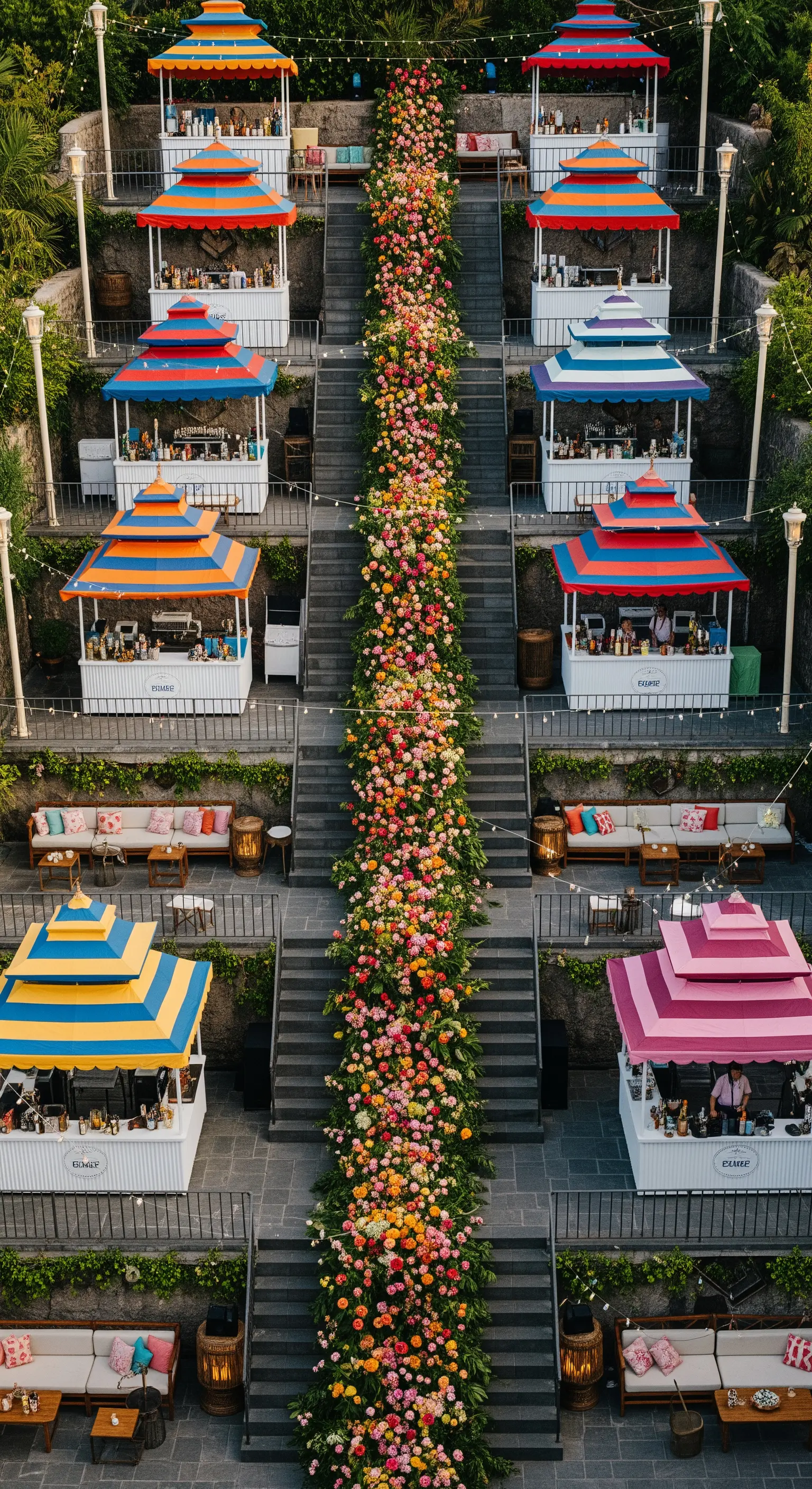 Scalinata scenografica con chioschi-bar colorati e una cascata di fiori al centro