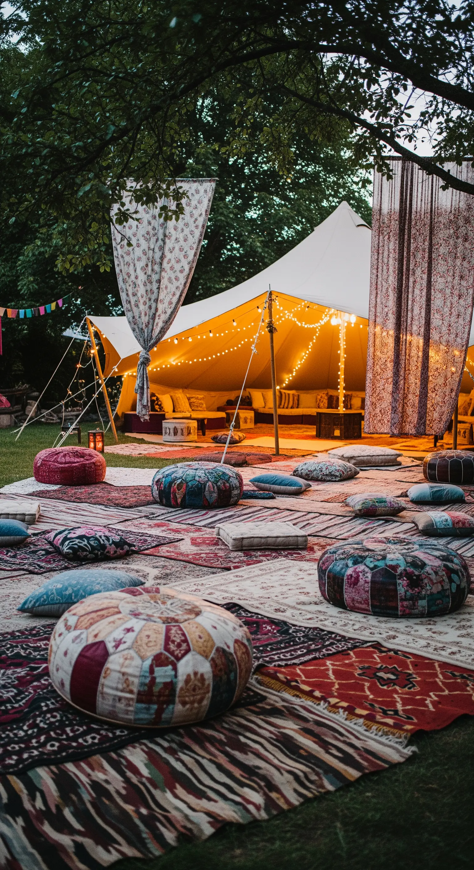 Allestimento bohémien in giardino con tenda, tappeti sovrapposti, pouf e lucine.