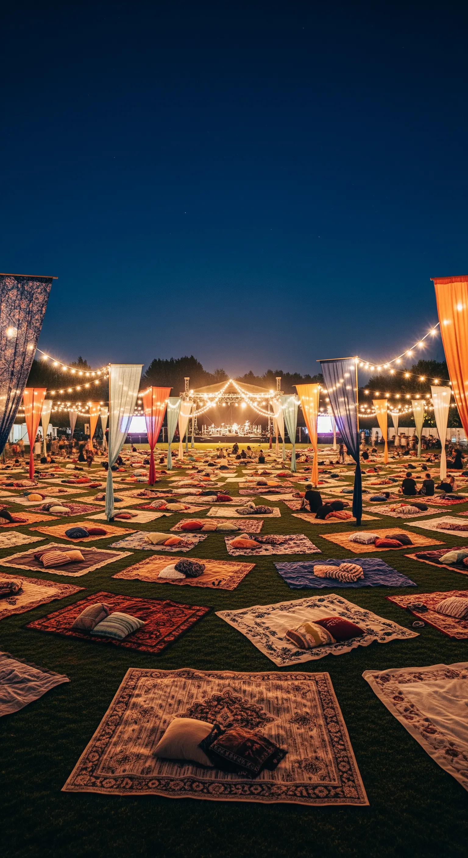 Grande prato allestito per un festival con tanti tappeti sparsi, cuscini e un palco.