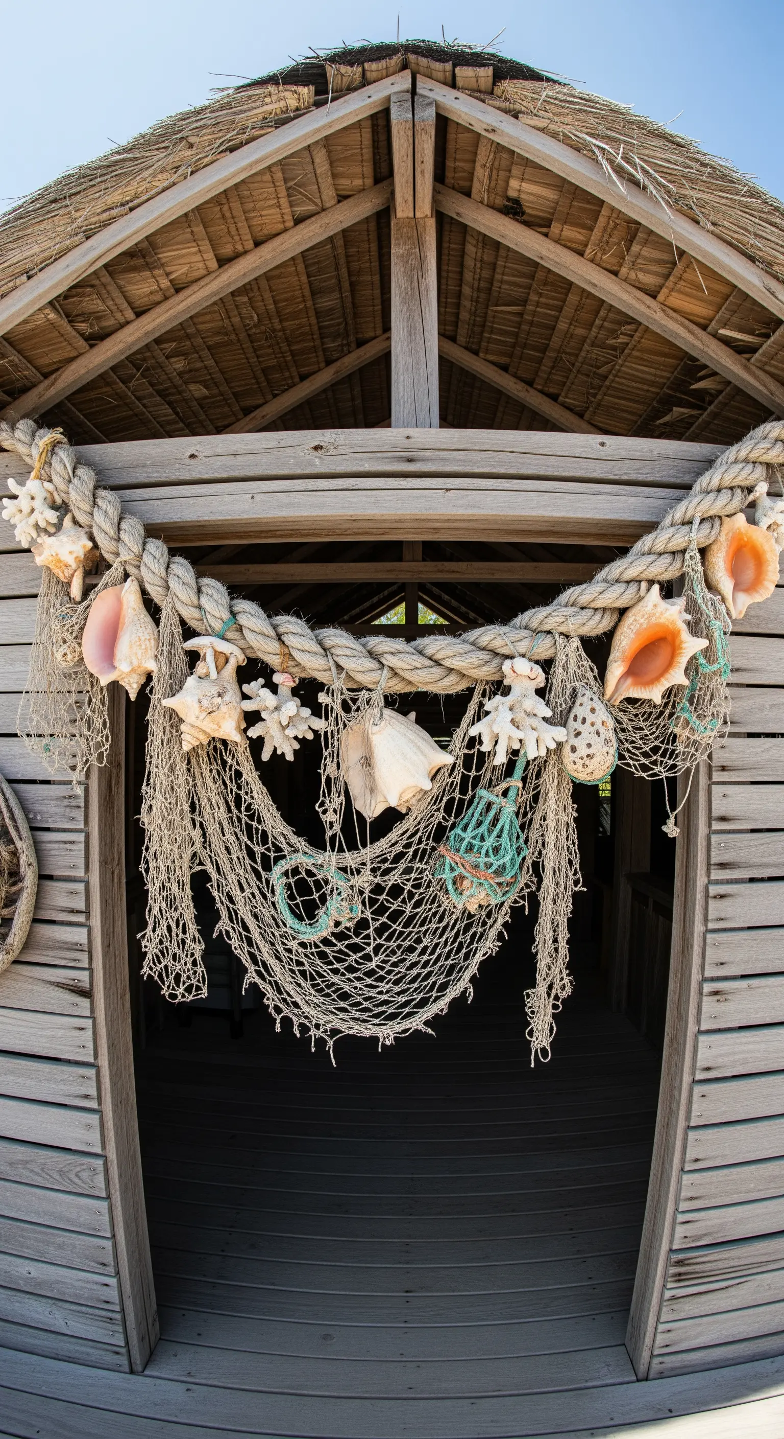 Ghirlanda rustica sopra una porta, fatta di corda spessa, rete da pesca e grandi conchiglie.