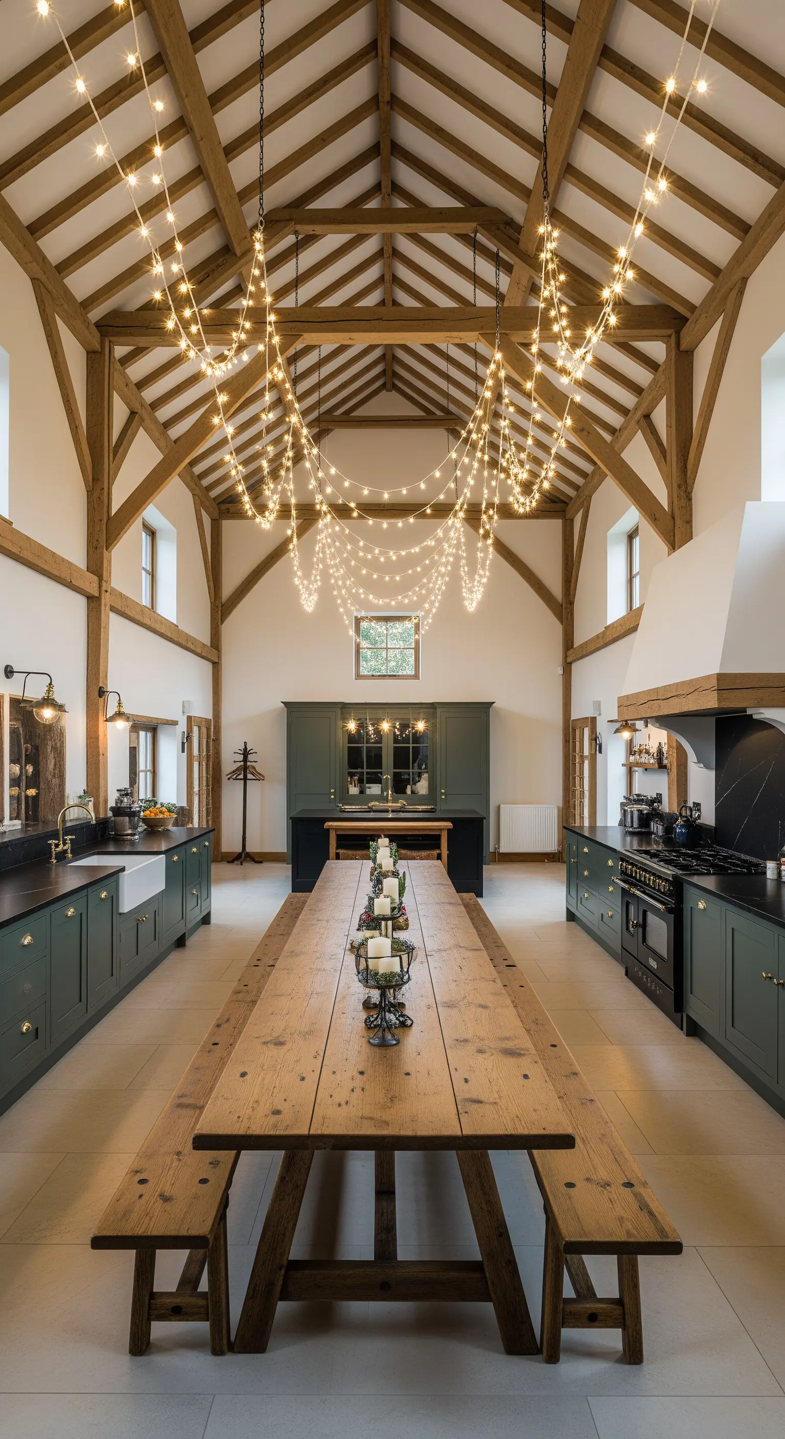 Ampia cucina in un fienile con soffitto a capriate, illuminata da festoni di luci a stringa.