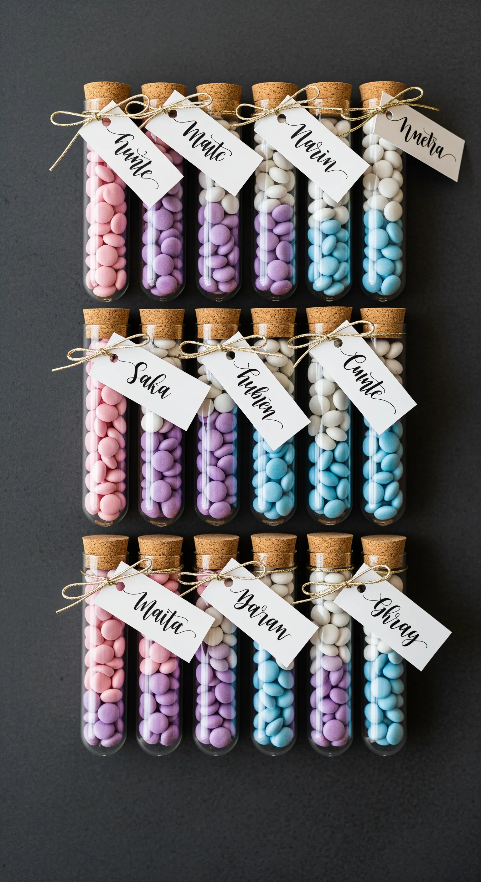 Provette di vetro piene di confetti colorati e chiuse con etichette personalizzate.