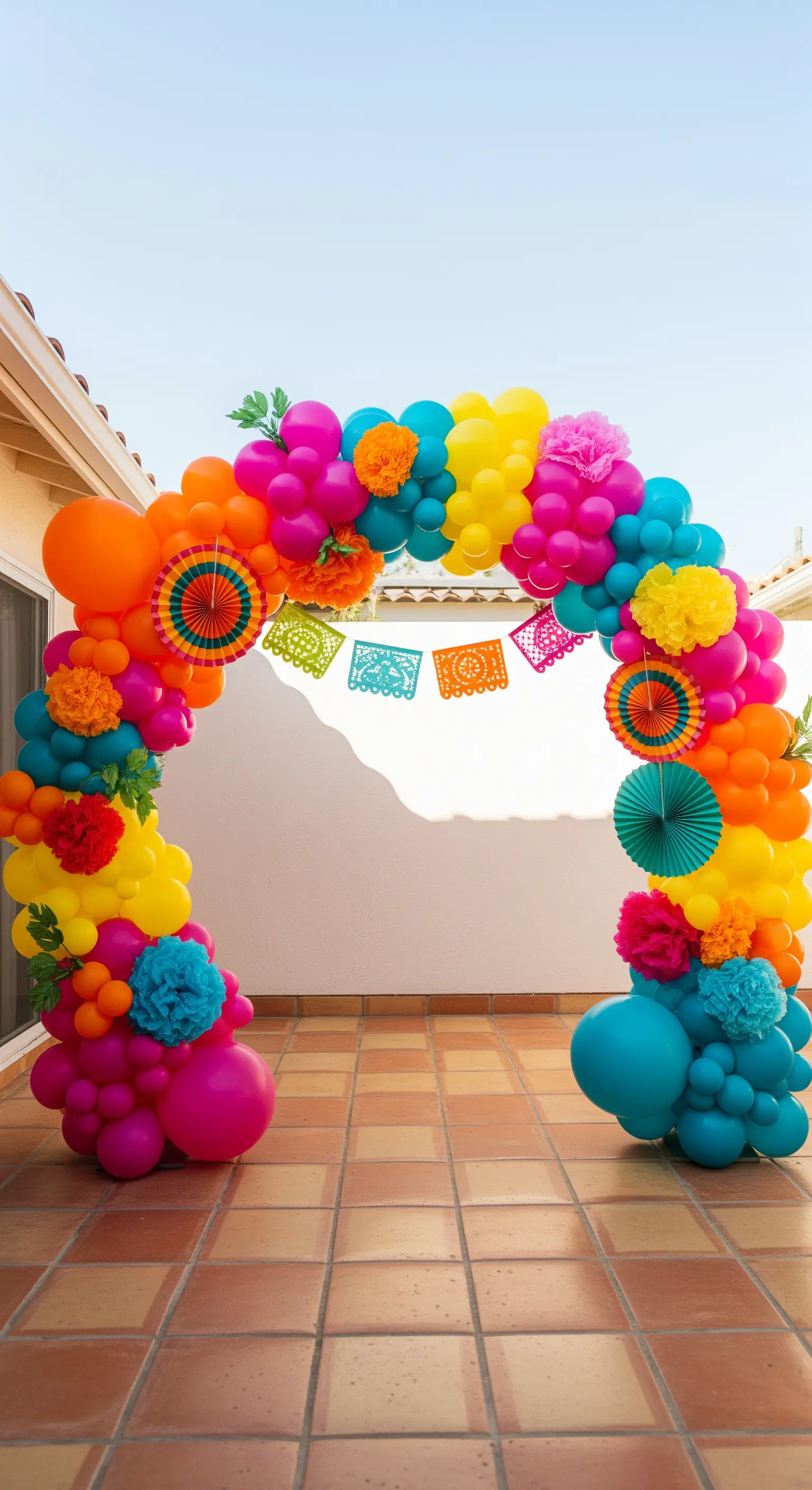 Arco di palloncini dai colori brillanti decorato con ventagli e fiori di carta colorata.