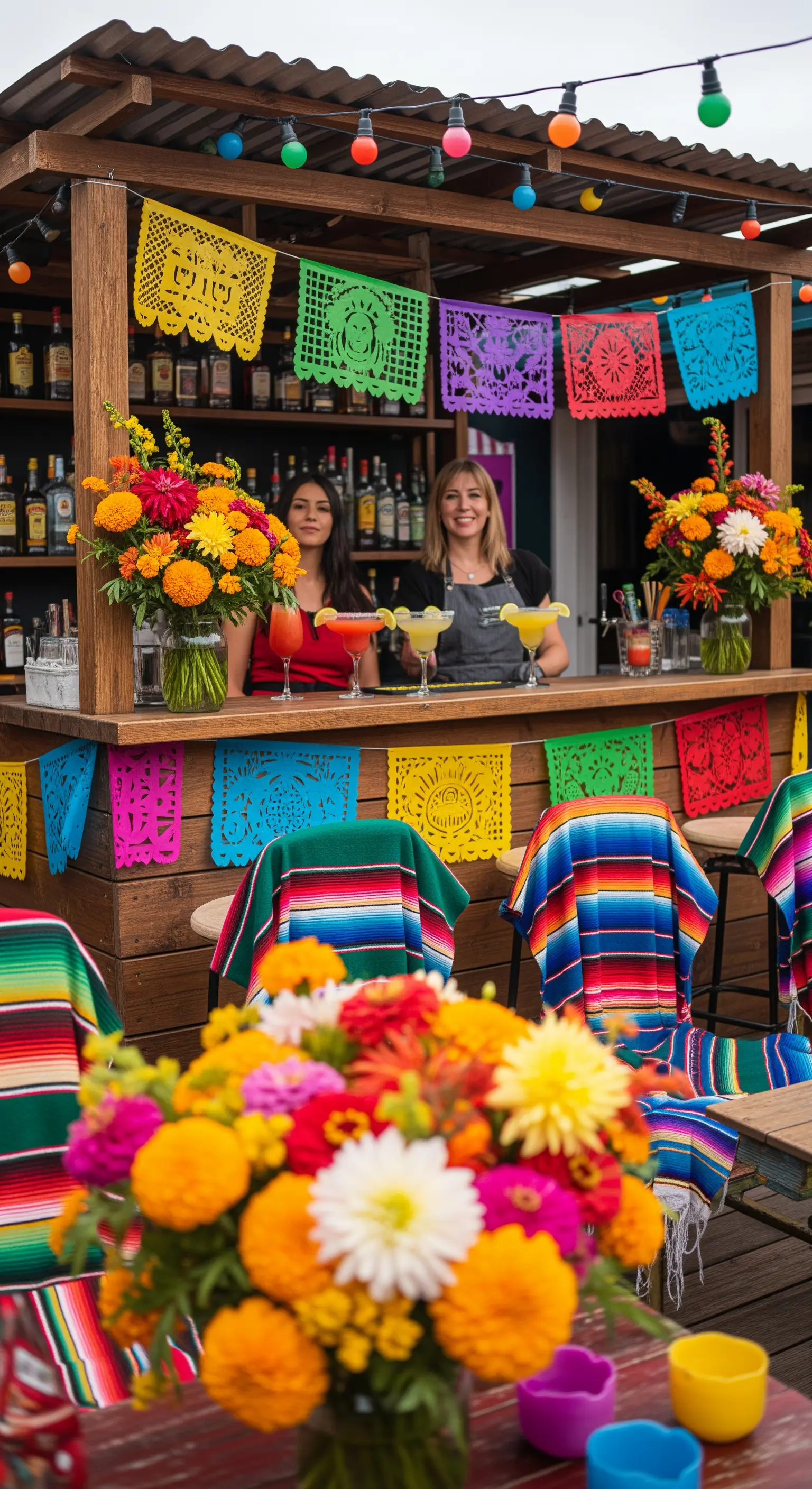 Bar a tema messicano decorato con papel picado, coperte a righe e fiori colorati.