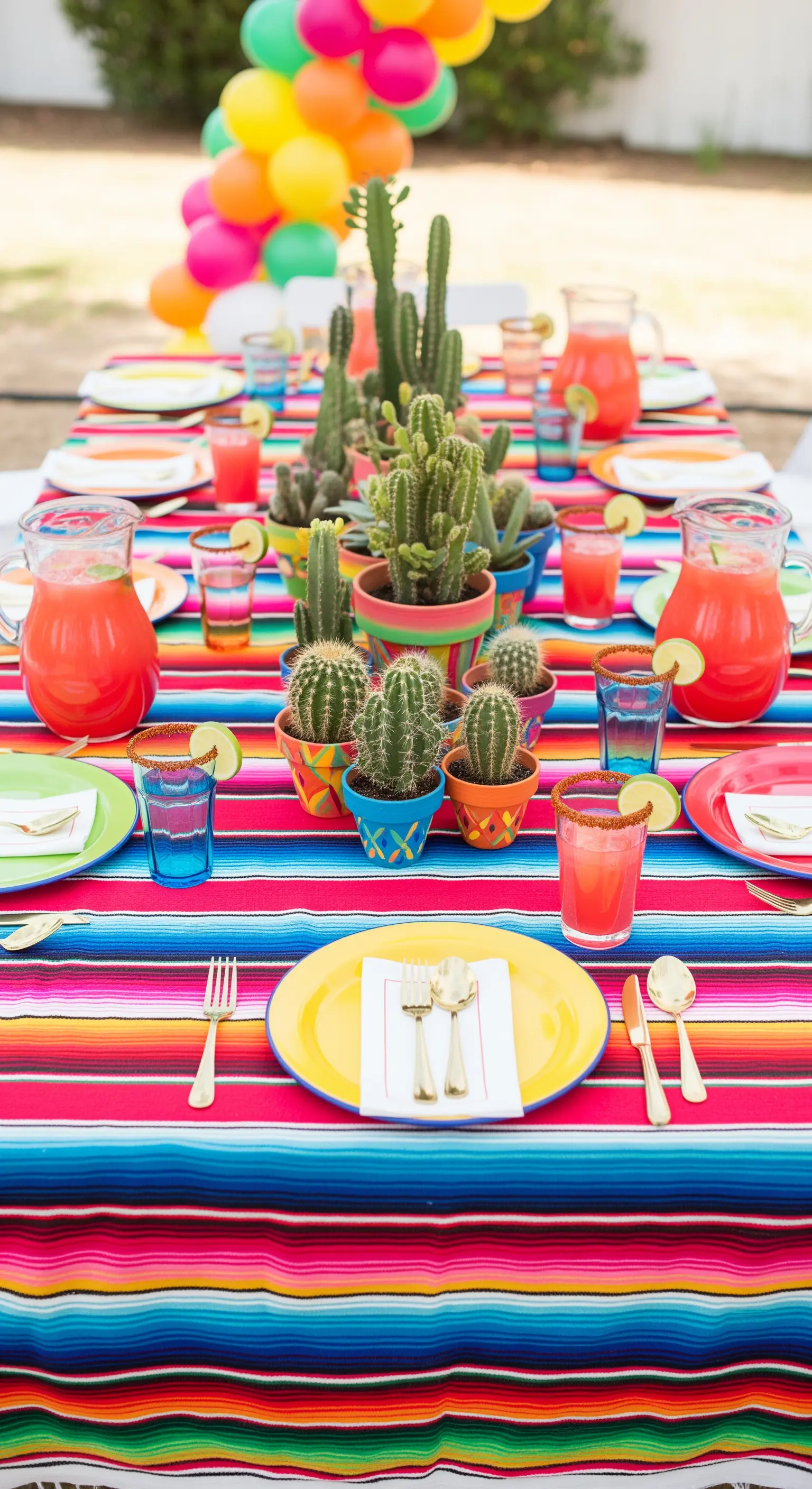 Tavola a tema messicano con tovaglia a righe colorate e un centrotavola di cactus.