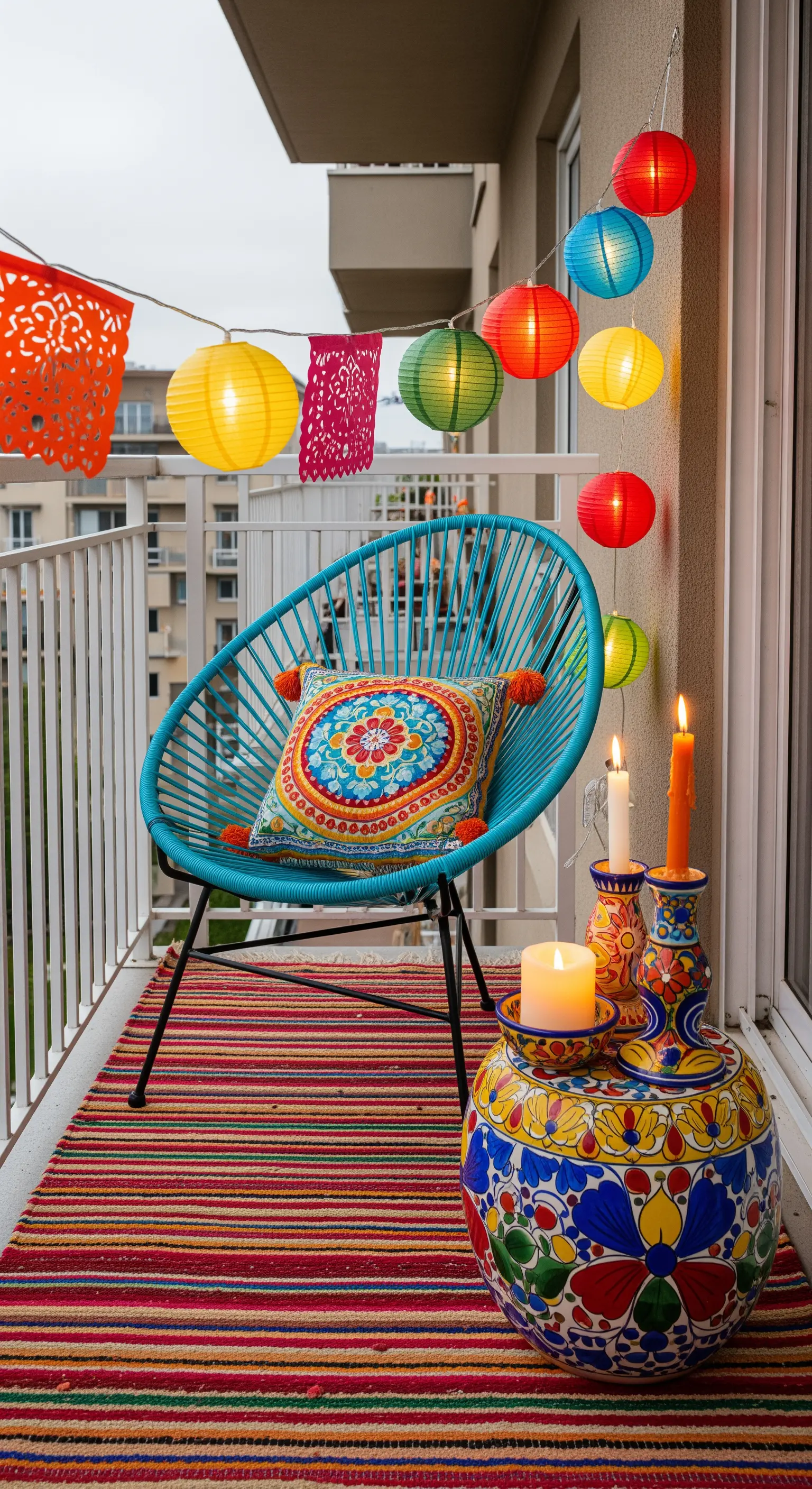 Balcone colorato con sedia Acapulco turchese e lanterne di carta multicolore.