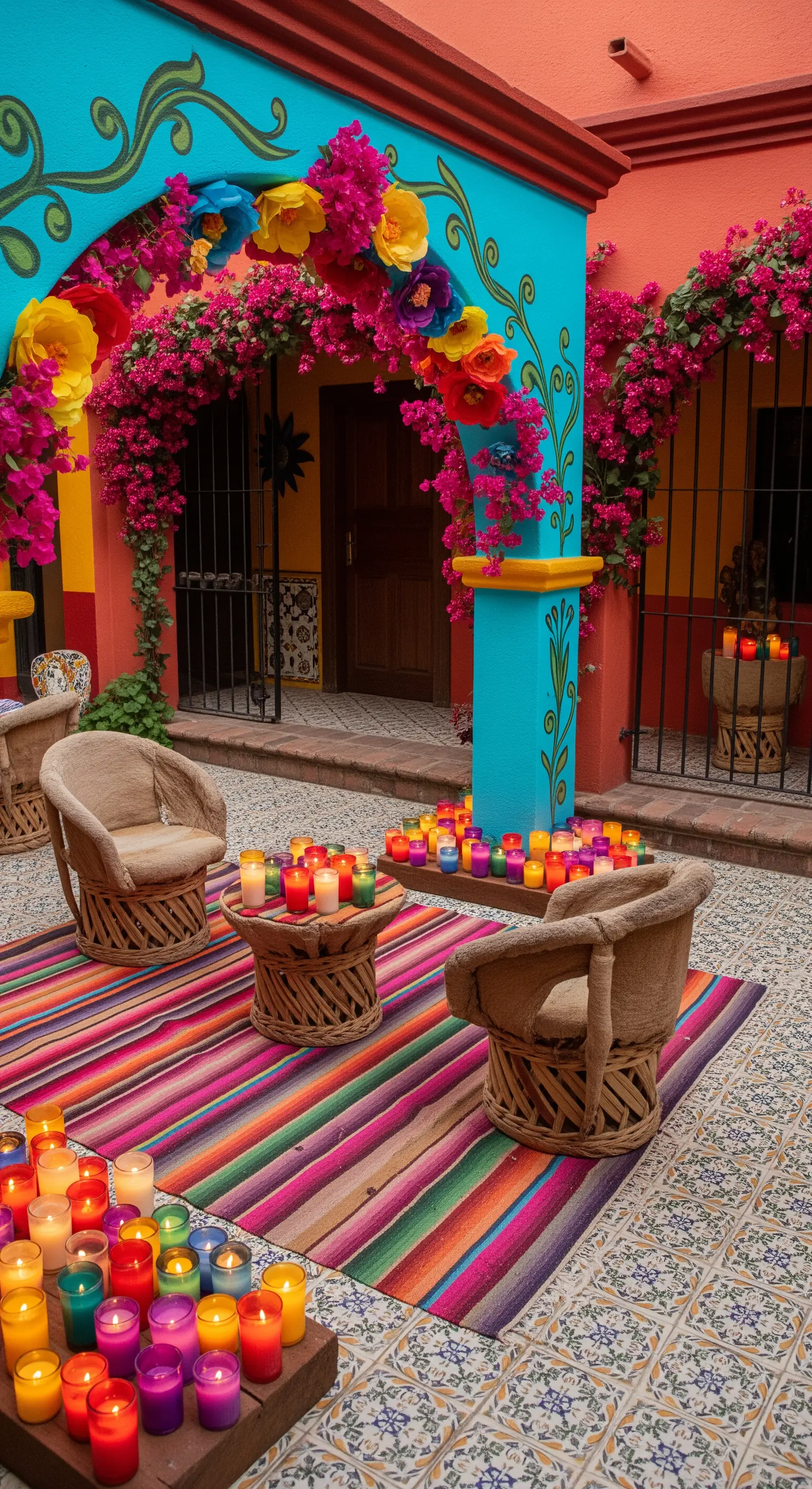 Patio messicano coloratissimo con arco fiorito, tappeto a righe e candele.