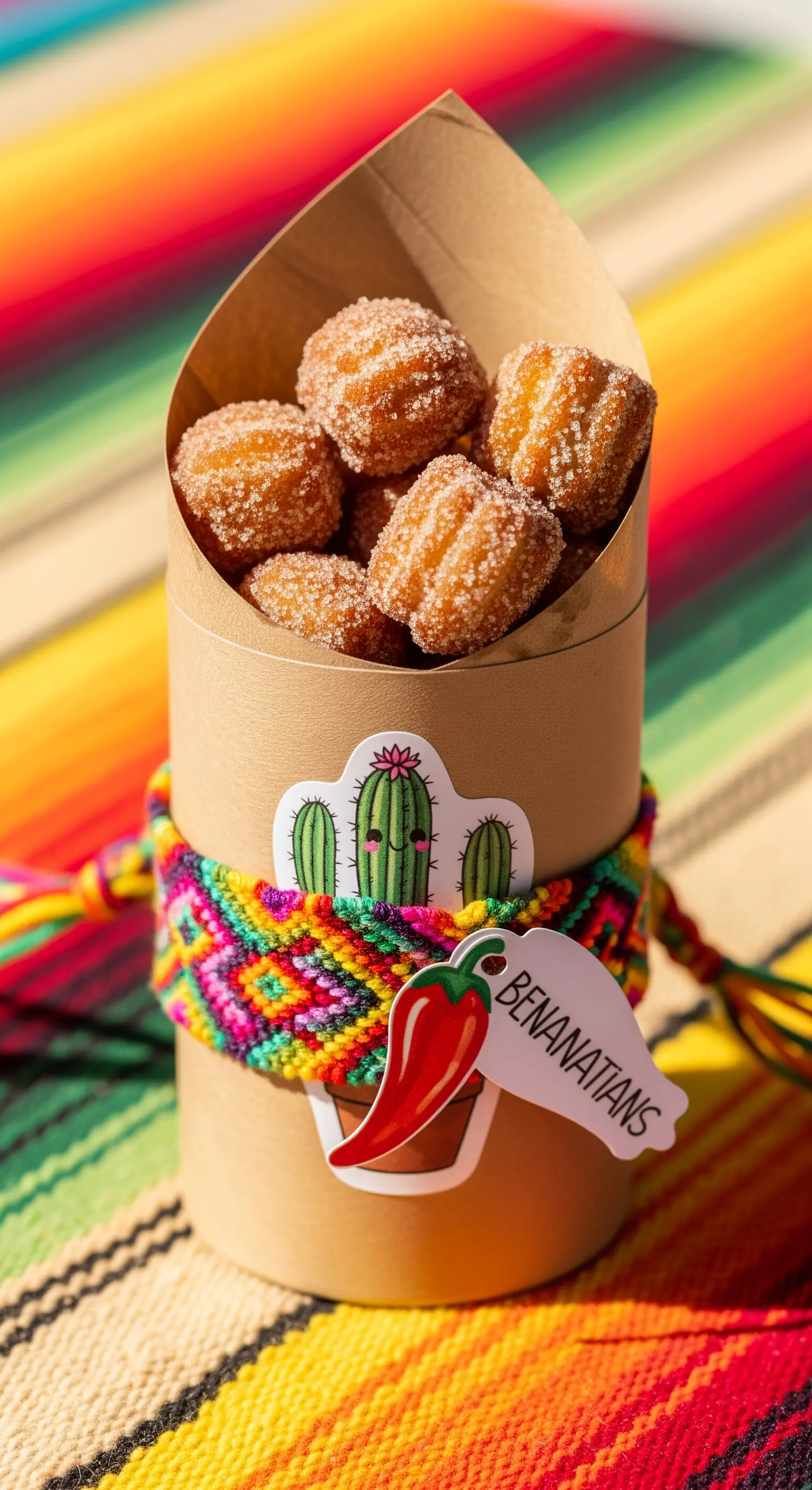 Churros in un contenitore cilindrico decorato con adesivi a tema messicano e un braccialetto colorato.