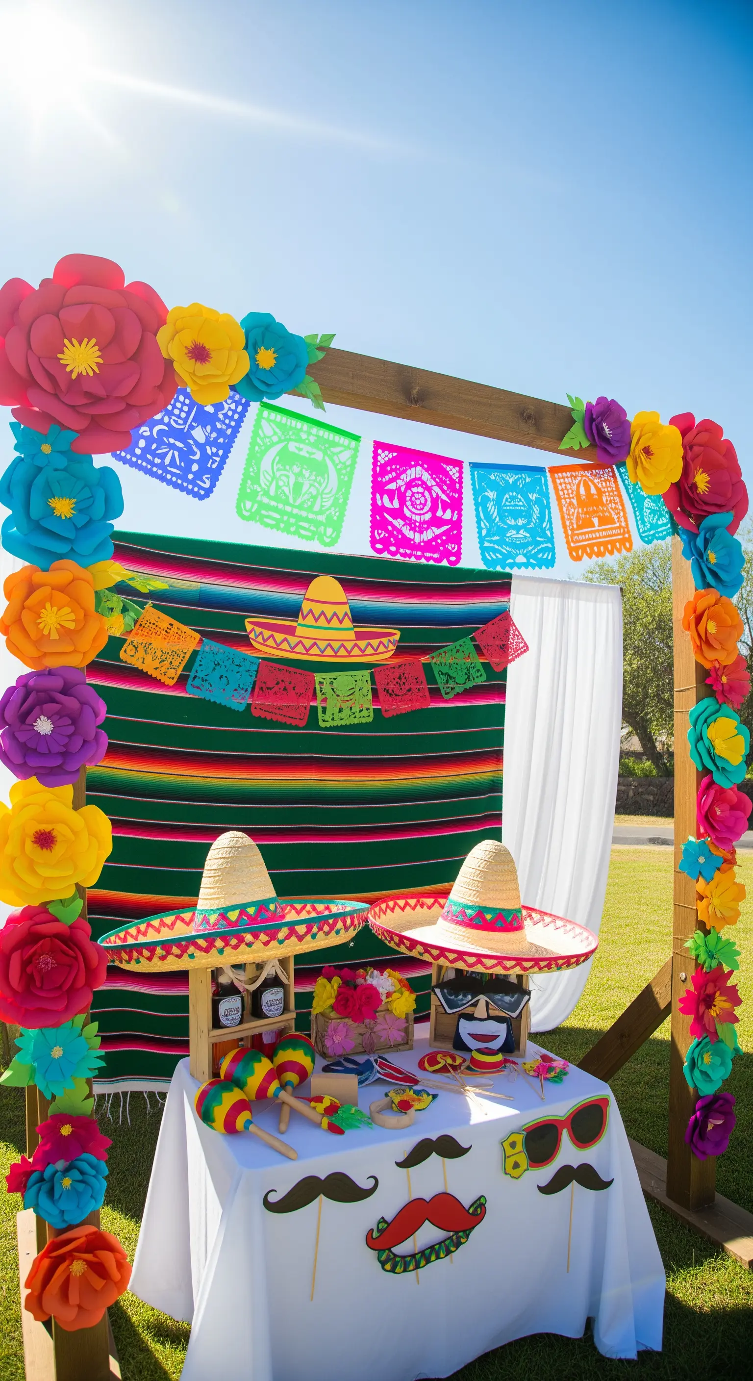 Angolo photobooth per una festa messicana con fiori di carta colorati, sombreri e papel picado.