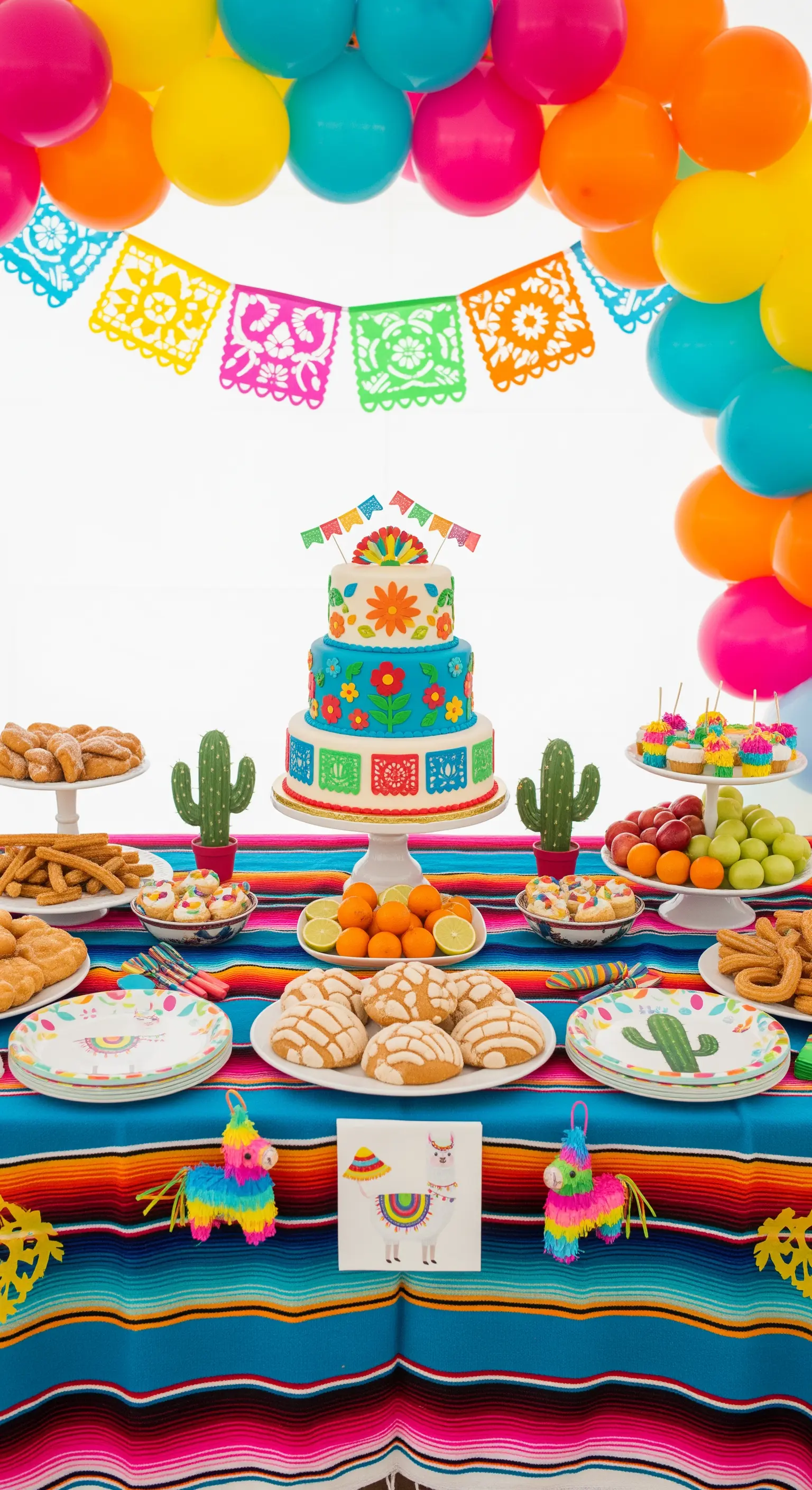 Festa messicana con tovaglia colorata, papel picado, cactus e dolci tradizionali.