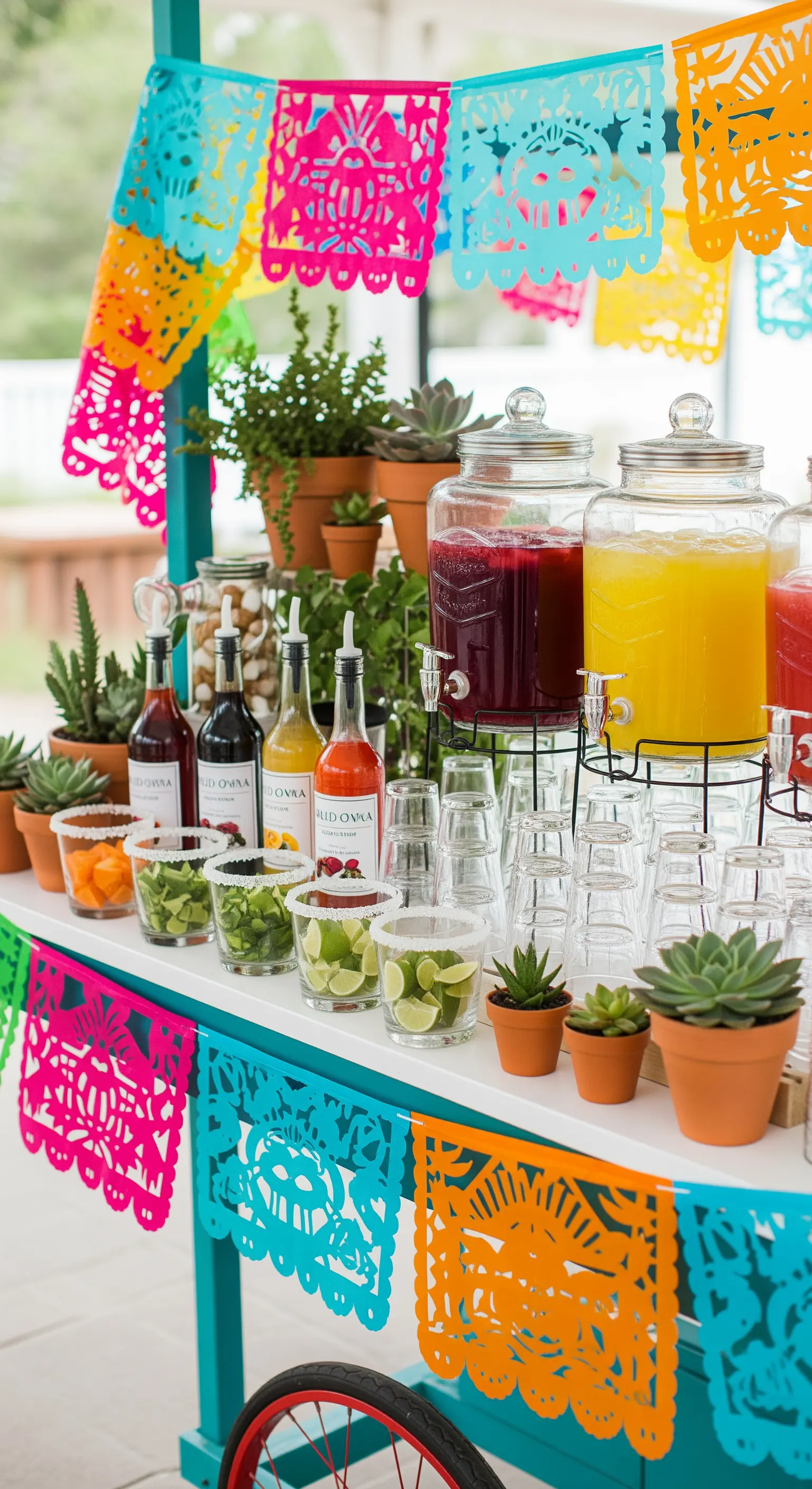 Carretto di bevande a tema messicano con ghirlande colorate e piante grasse.