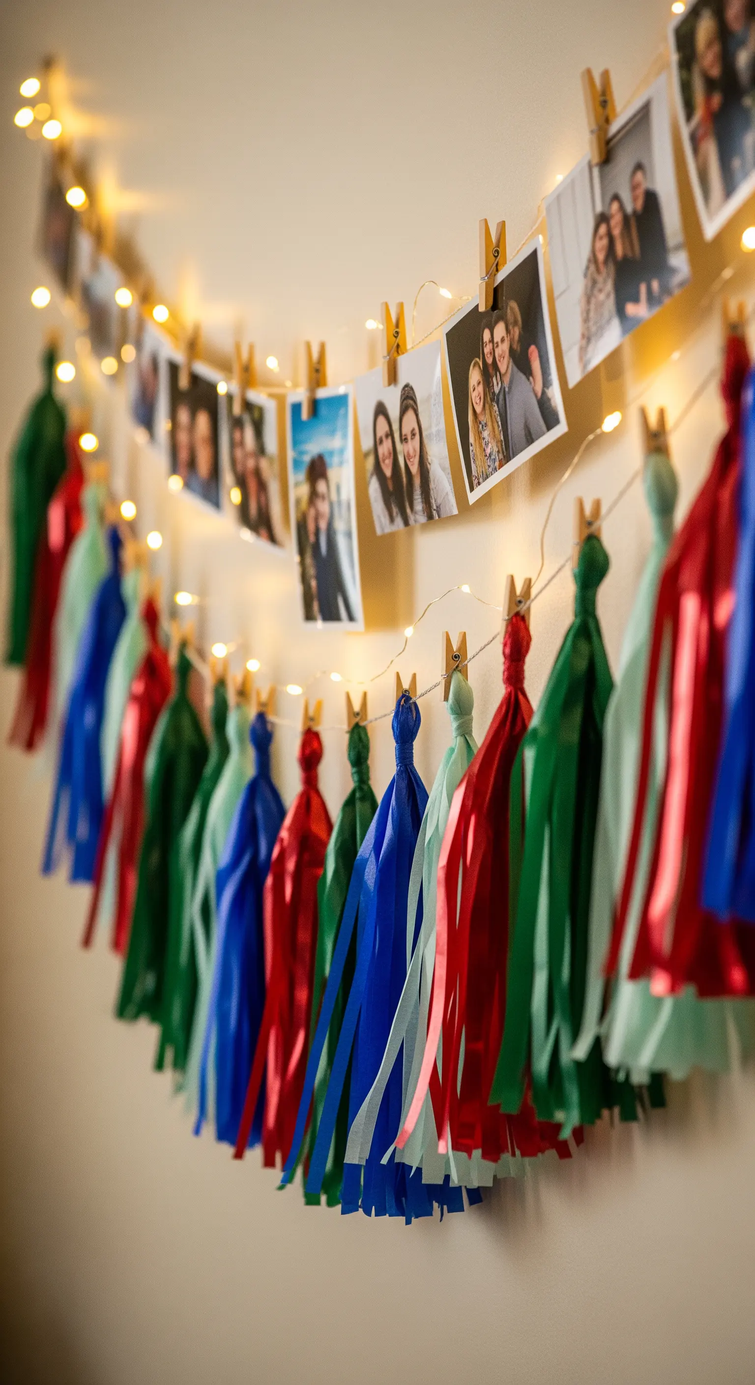 Filo di luci con fotografie e nappe di carta colorate appese con mollette di legno.