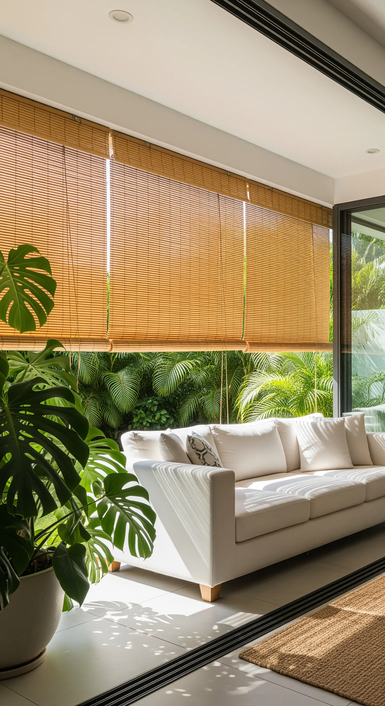 Divano bianco in veranda con grandi tende a rullo in bambù e una pianta di monstera.