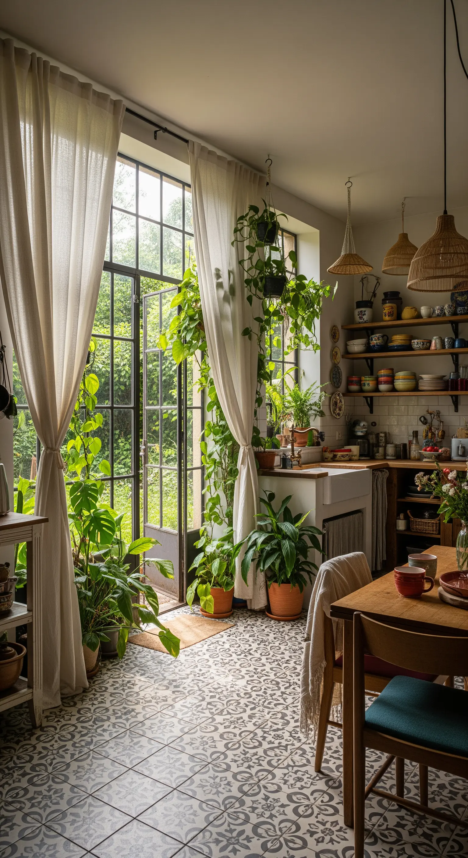 Cucina boho-chic piena di piante con porta finestra e tende in lino bianco.