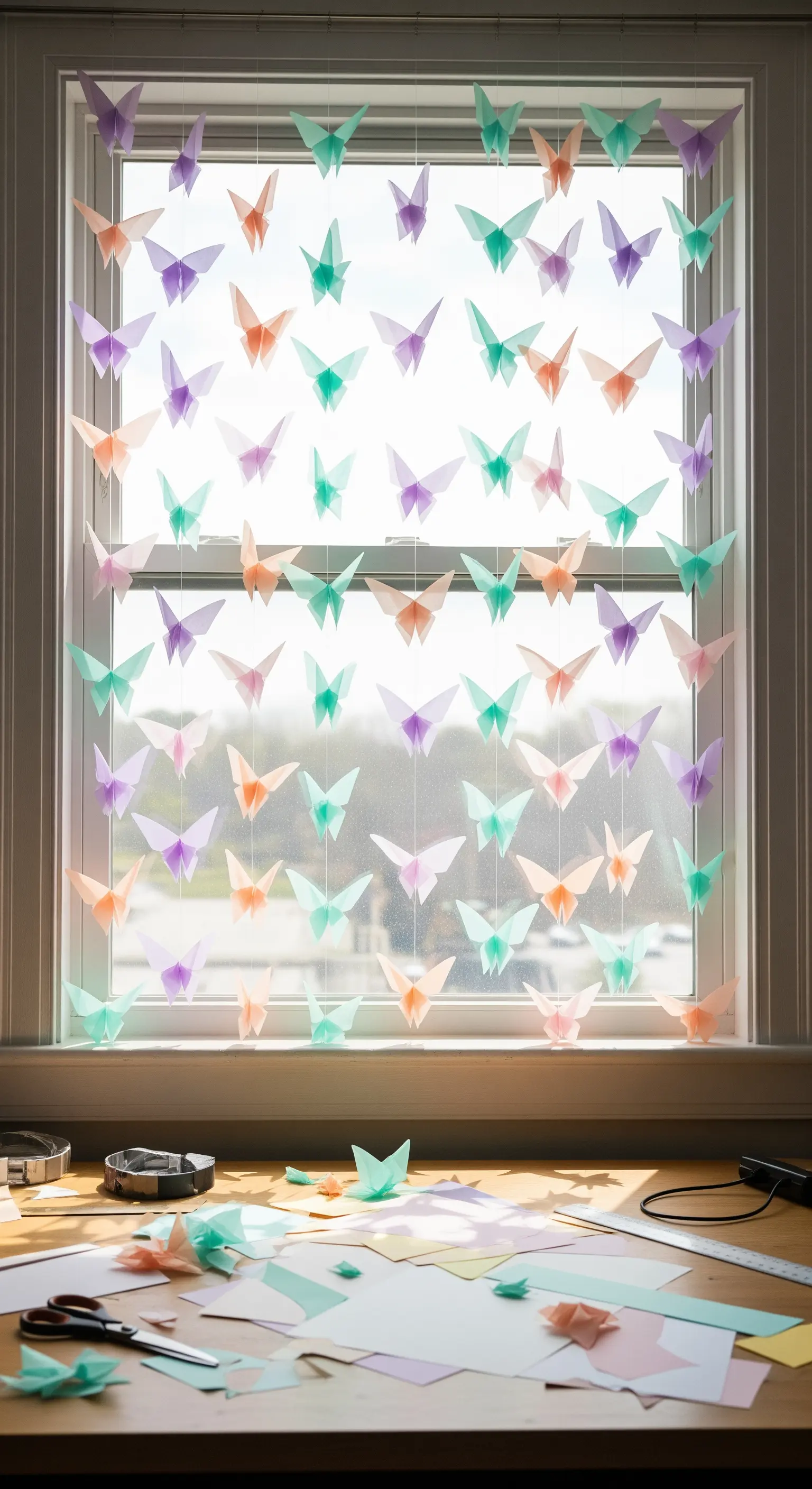 Tenda di farfalle di origami in colori pastello appesa a una finestra.