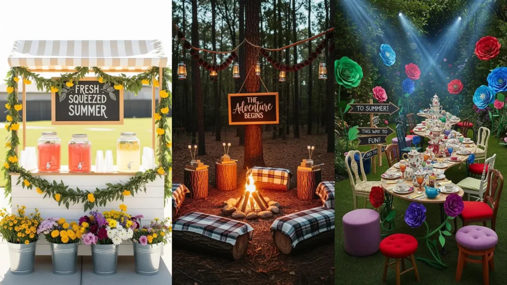 Tre feste di fine scuola, inclusi un chiosco di limonate e un tè nel giardino, con lavagne e fiori colorati.