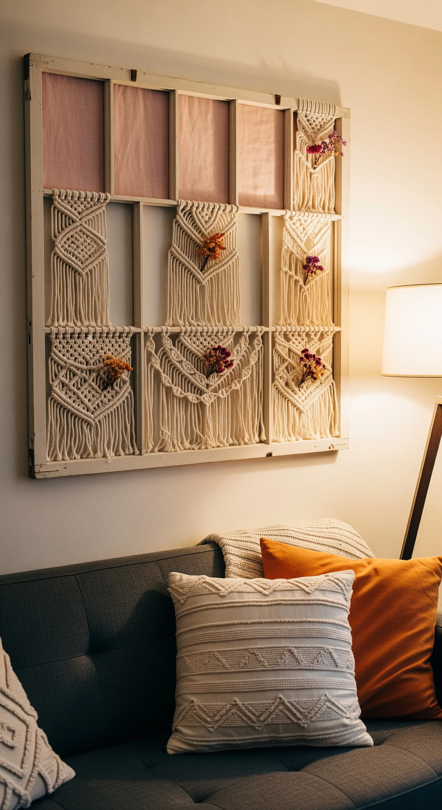 Vecchia finestra in legno bianco riutilizzata come decorazione murale con piccoli arazzi macramé.