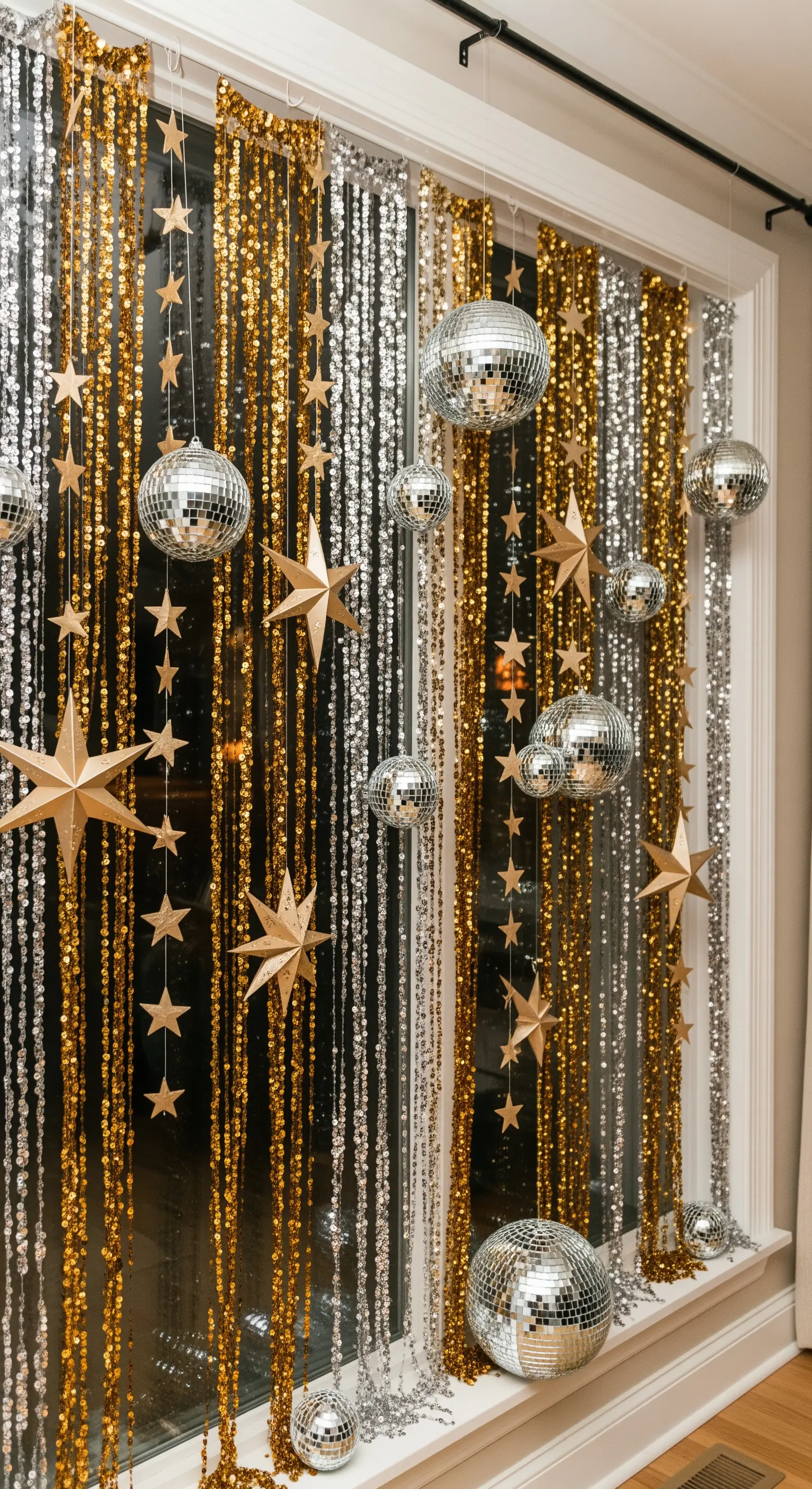 Decorazione per finestra con tende glitterate, stelle dorate e sfere da discoteca.