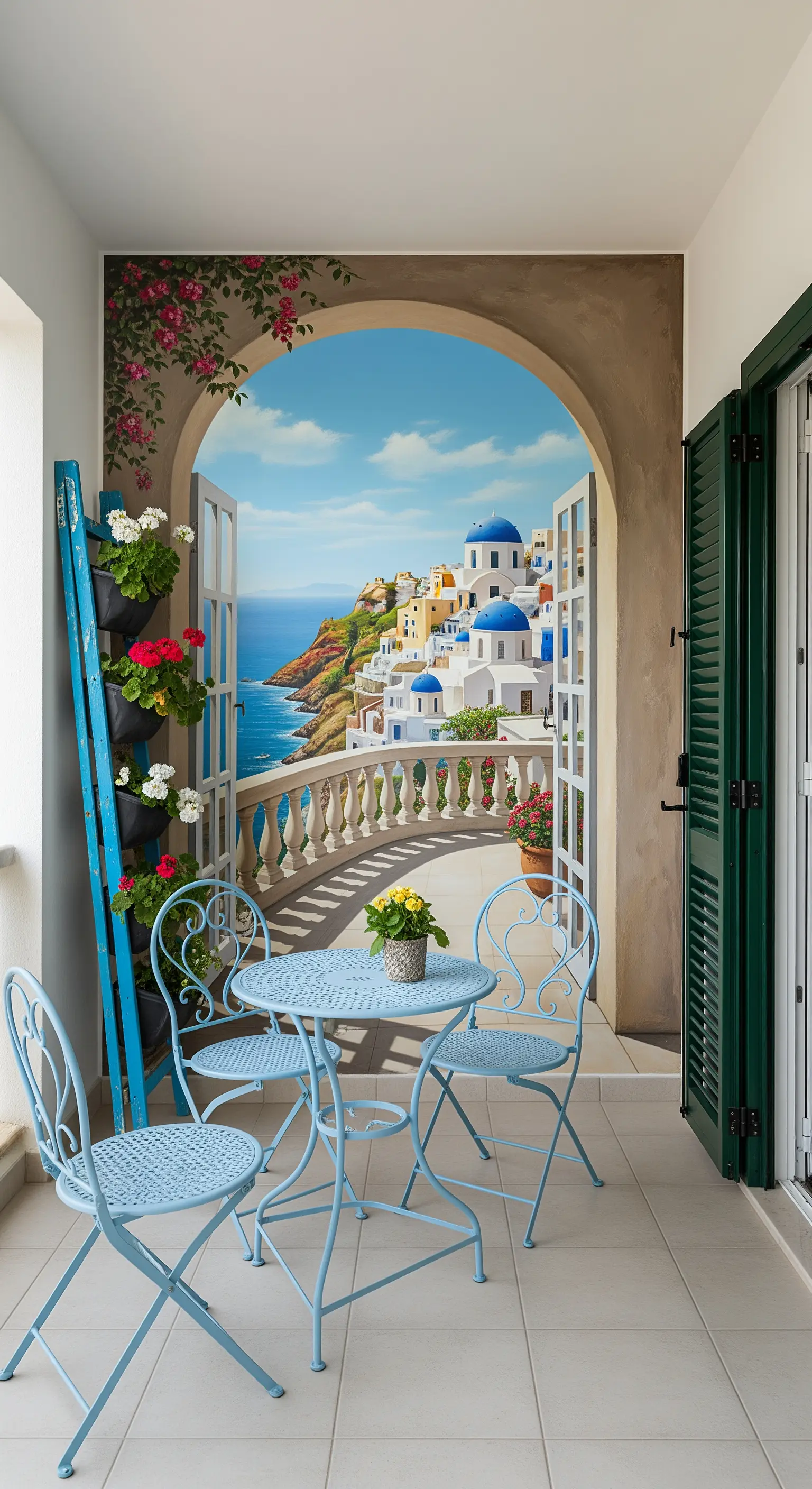 Balcone con murale trompe-l'œil di Santorini e un set da bistrot azzurro.