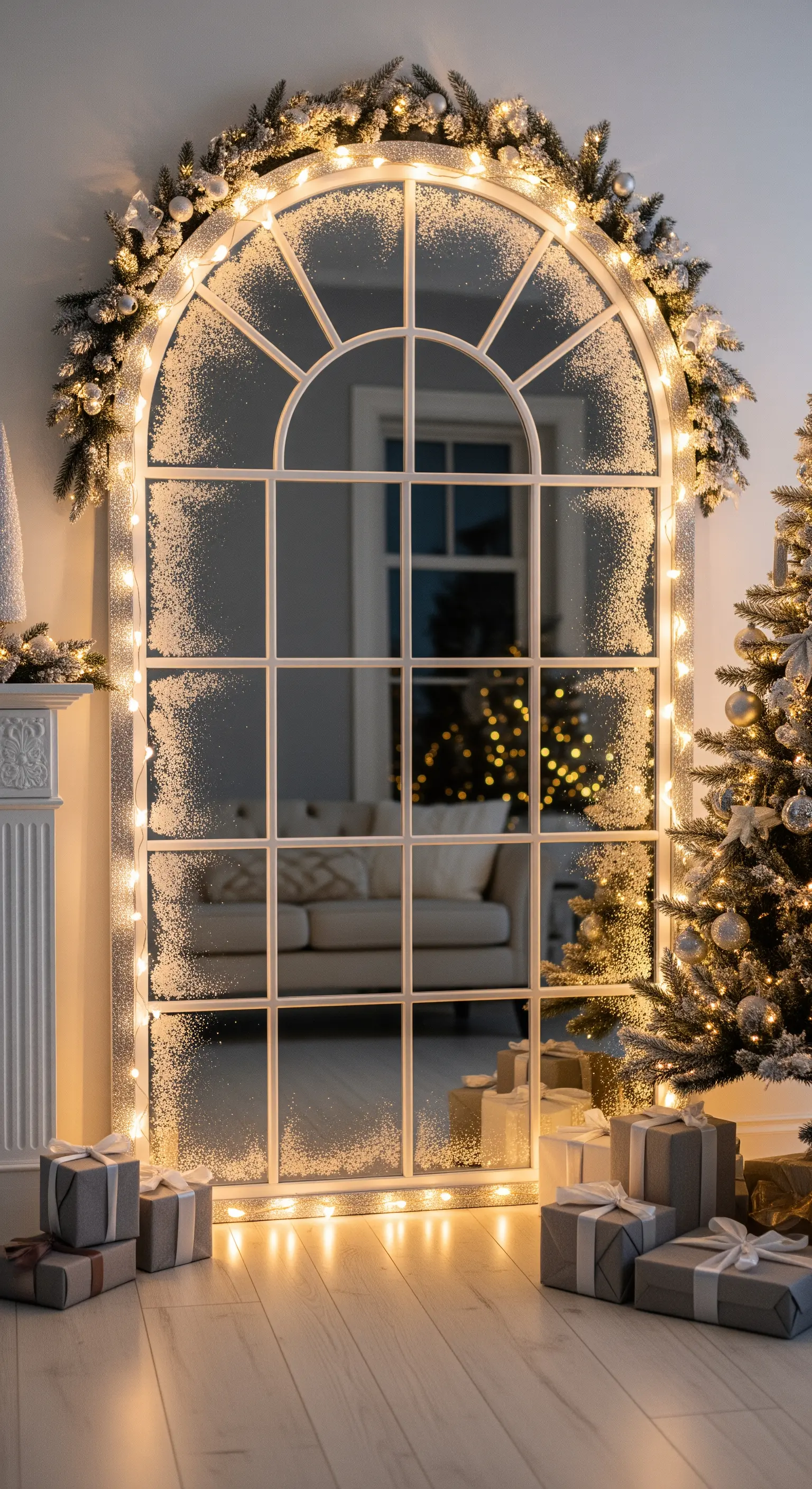 Grande specchio ad arco decorato con ghirlande, neve finta e lucine per Natale.