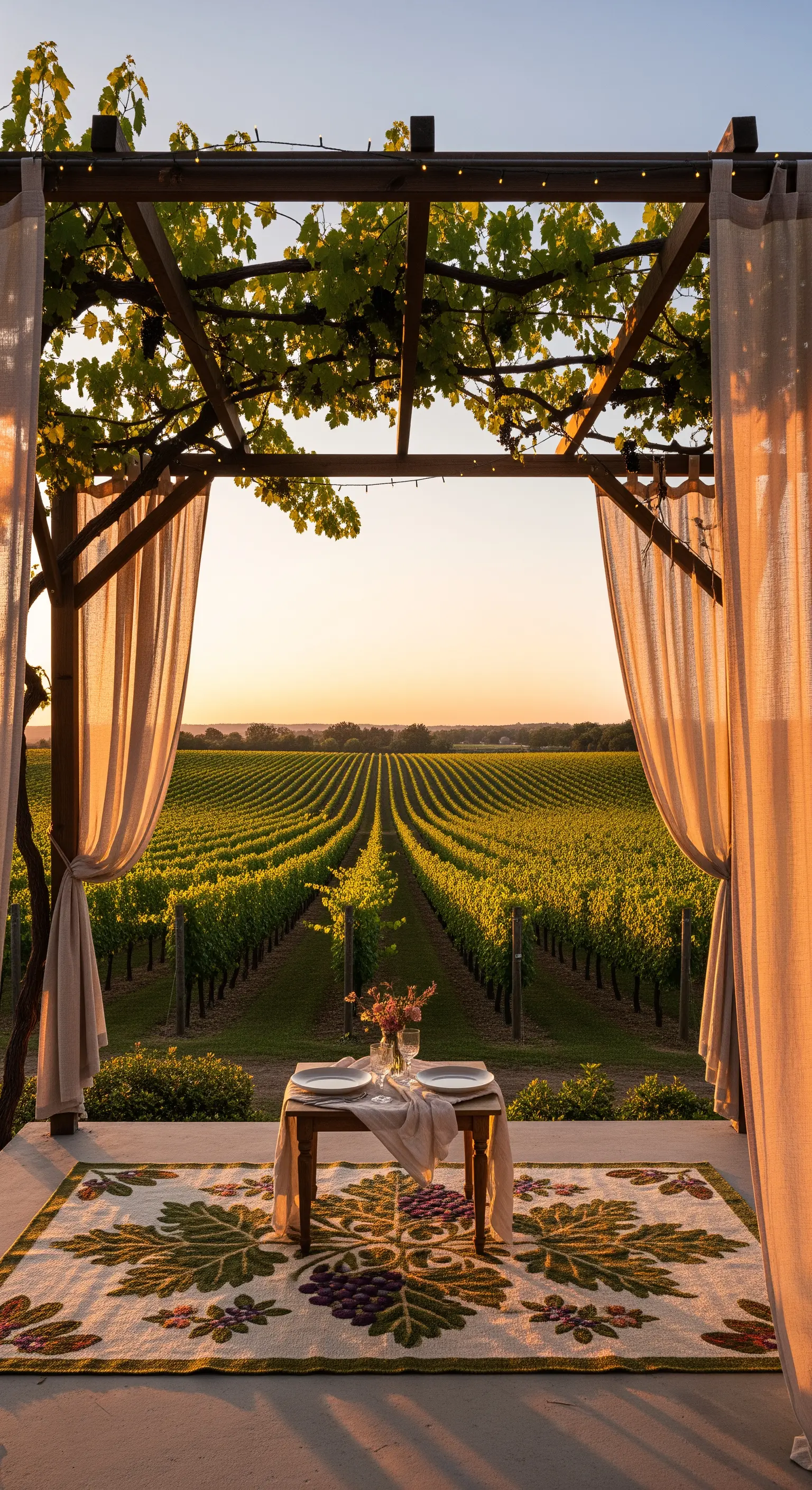 Tavolo per due sotto una pergola con vista su un vigneto al tramonto.