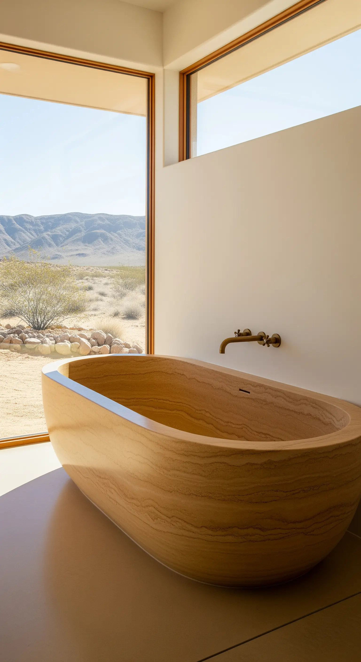 Vasca ovale in travertino chiaro davanti a una grande finestra con vista sul deserto.