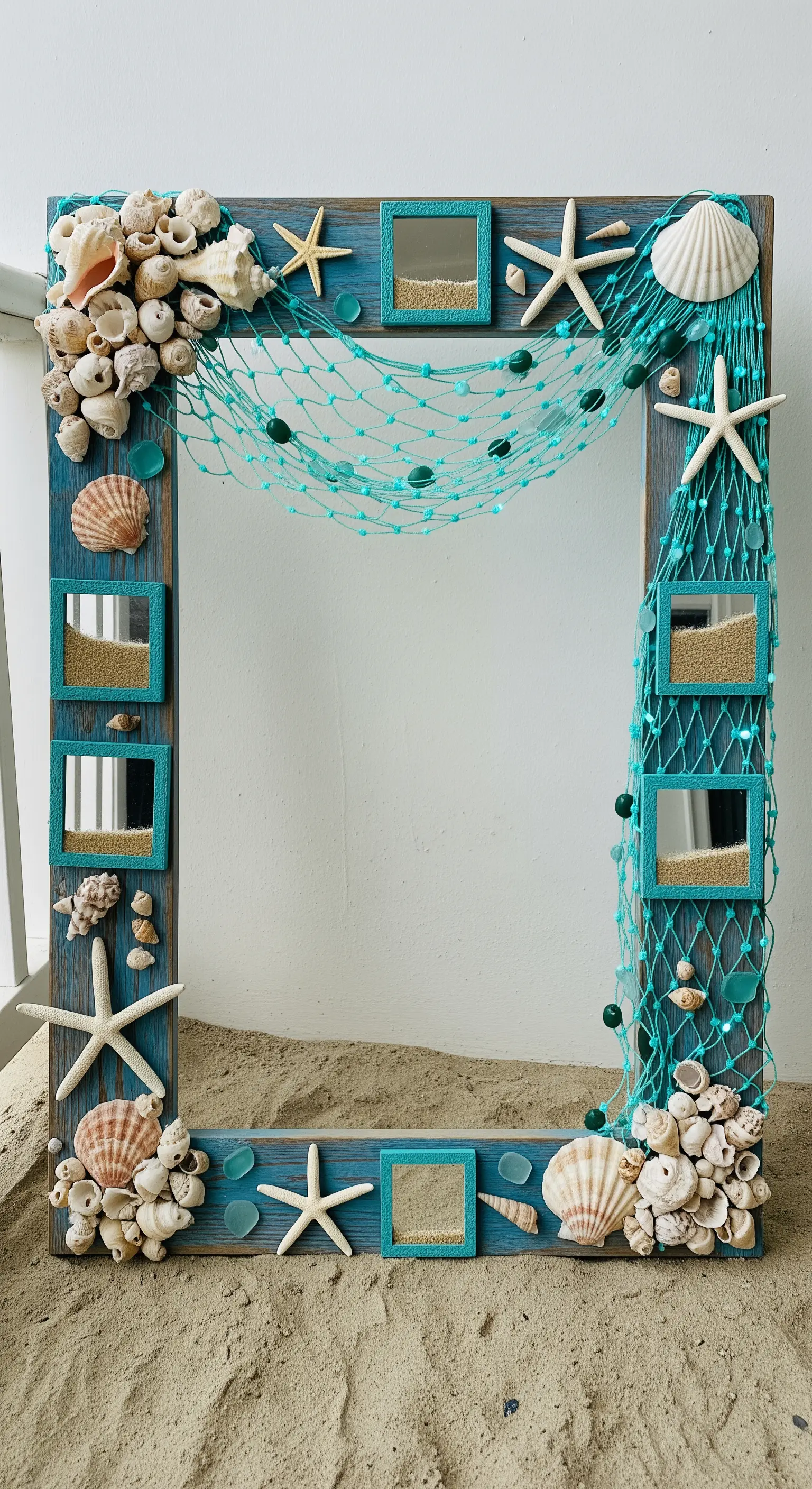 Cornice photobooth in legno blu decorata con conchiglie, stelle marine e rete da pesca.
