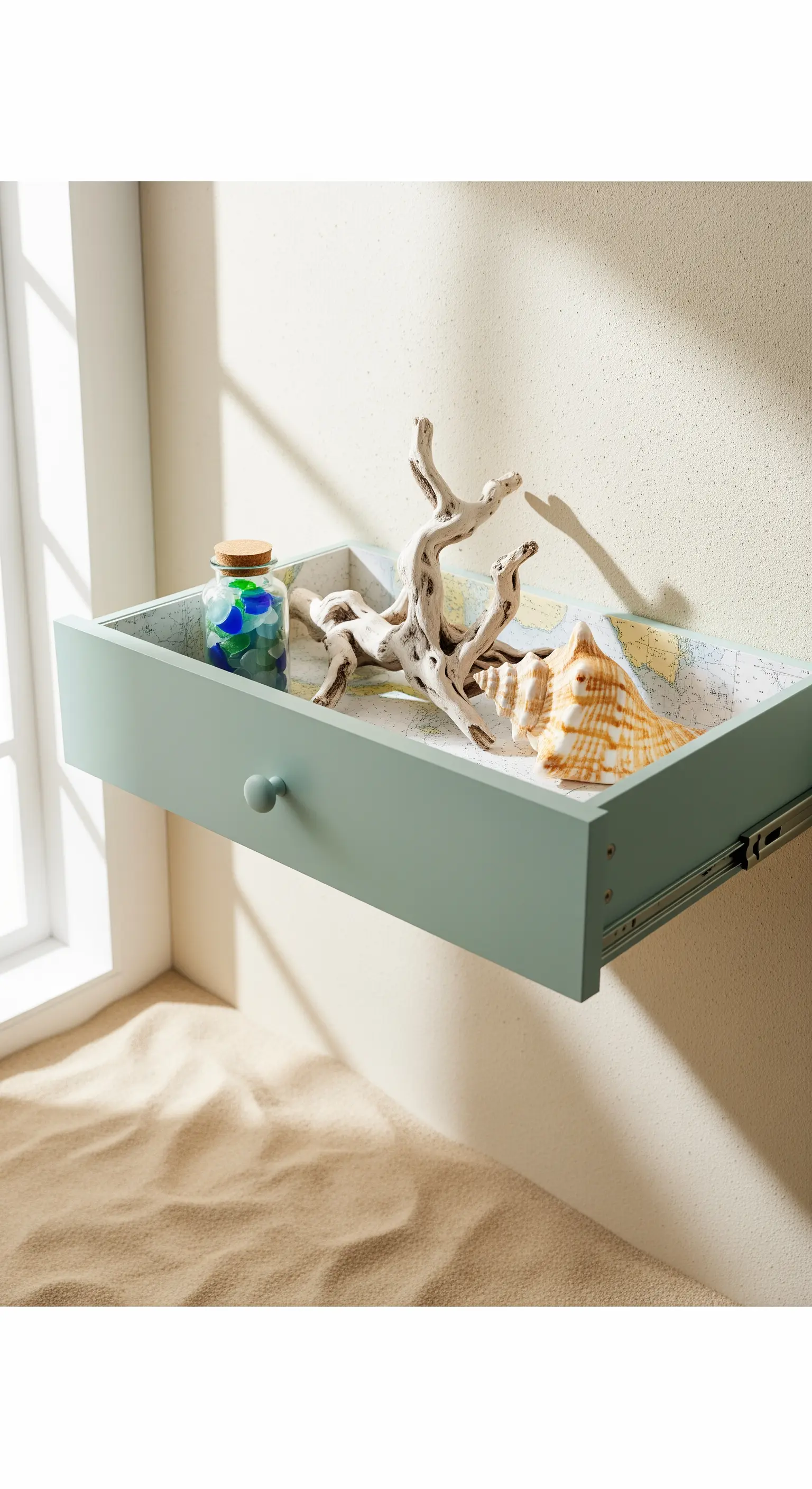 Cassetto color salvia con una mappa all'interno, che espone conchiglie e un legno di mare.