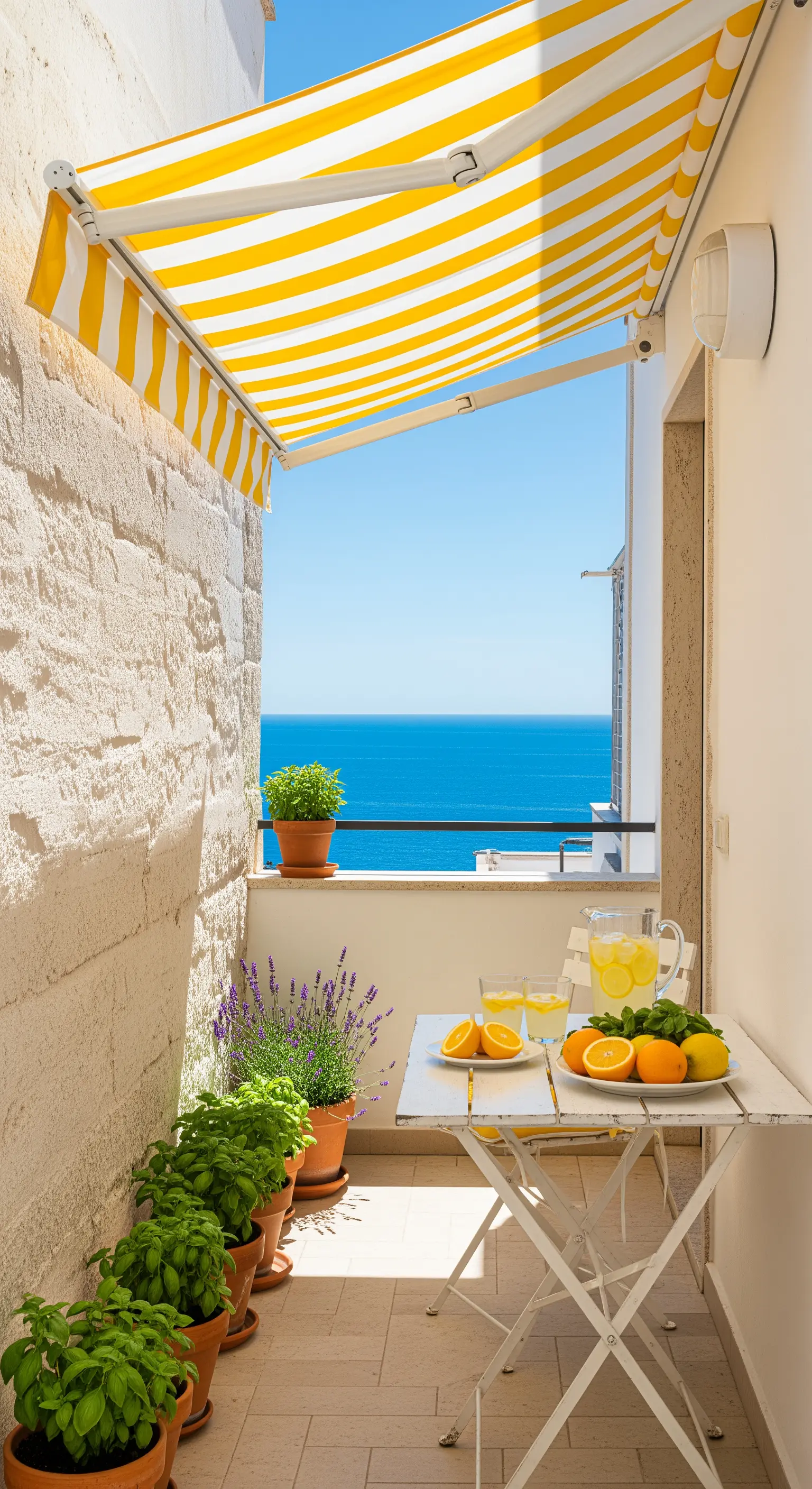 Balcone con vista mare, tenda a righe gialle e bianche e piante aromatiche in vaso.