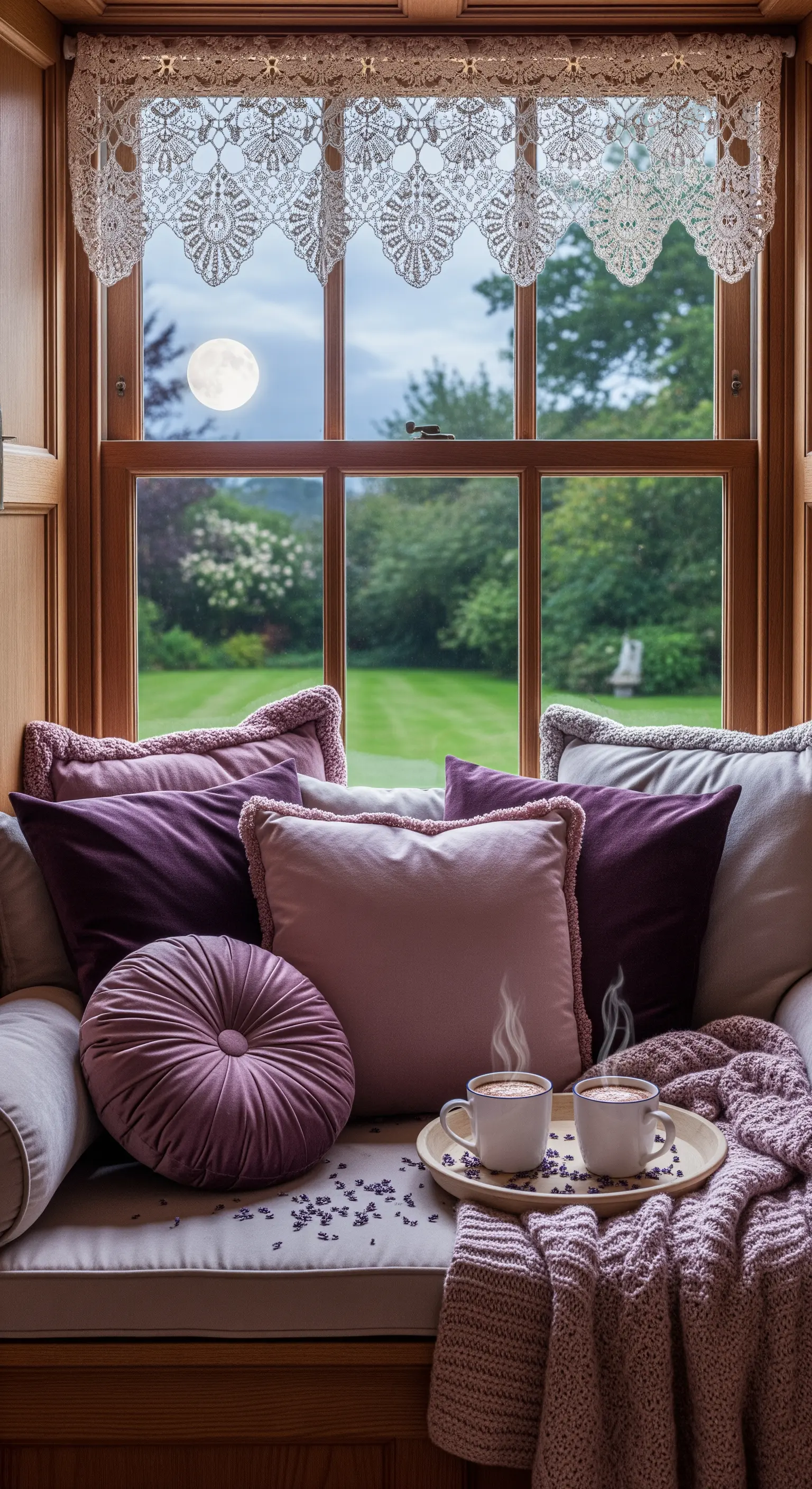 Panca vicino alla finestra con cuscini viola e rosa, plaid e un vassoio con cioccolata calda.