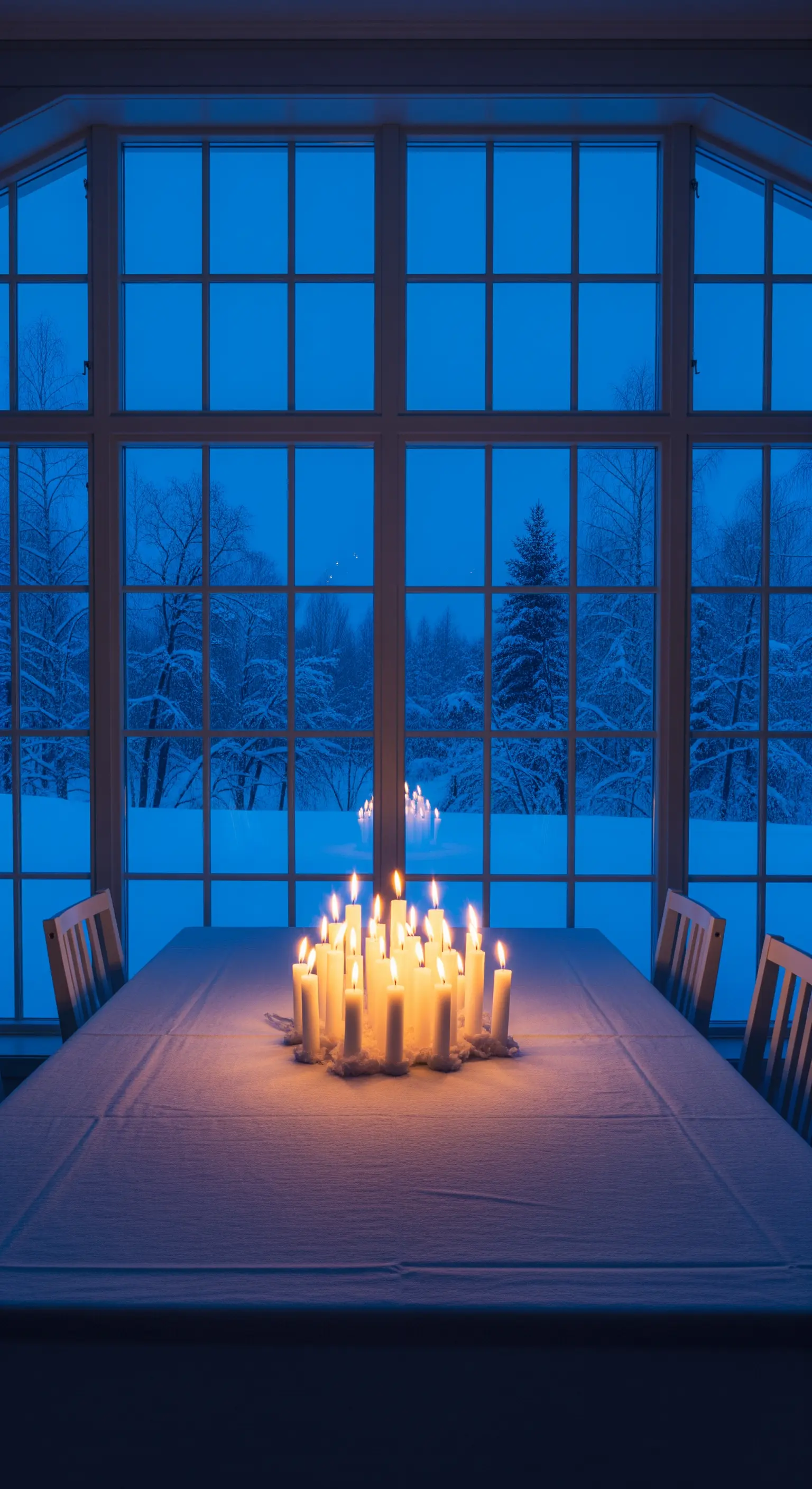 Tavolo davanti a una finestra con vista sulla neve, illuminato da un gruppo di candele.
