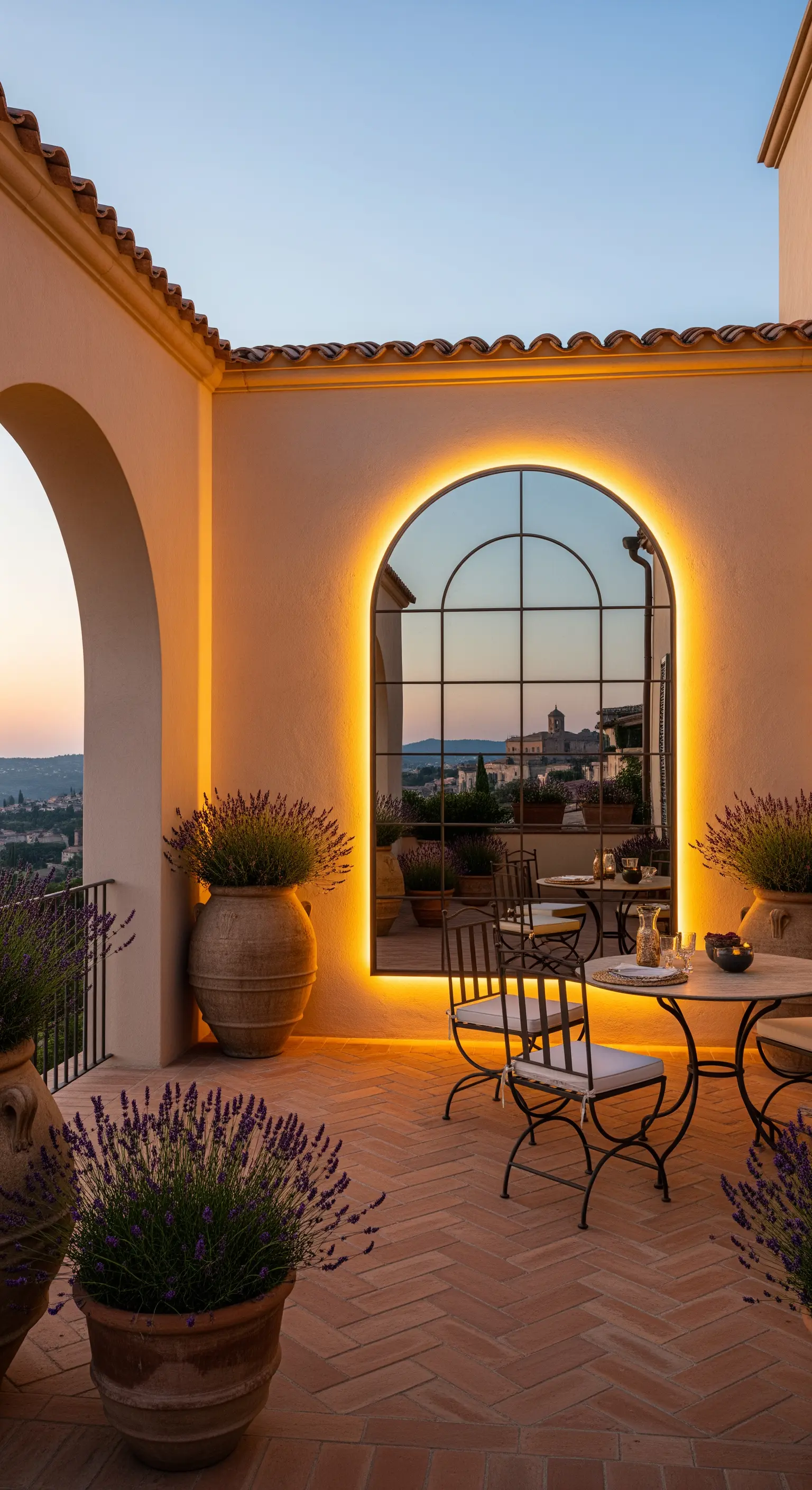 Terrazza in cotto con grande specchio ad arco retroilluminato che simula una finestra al tramonto.
