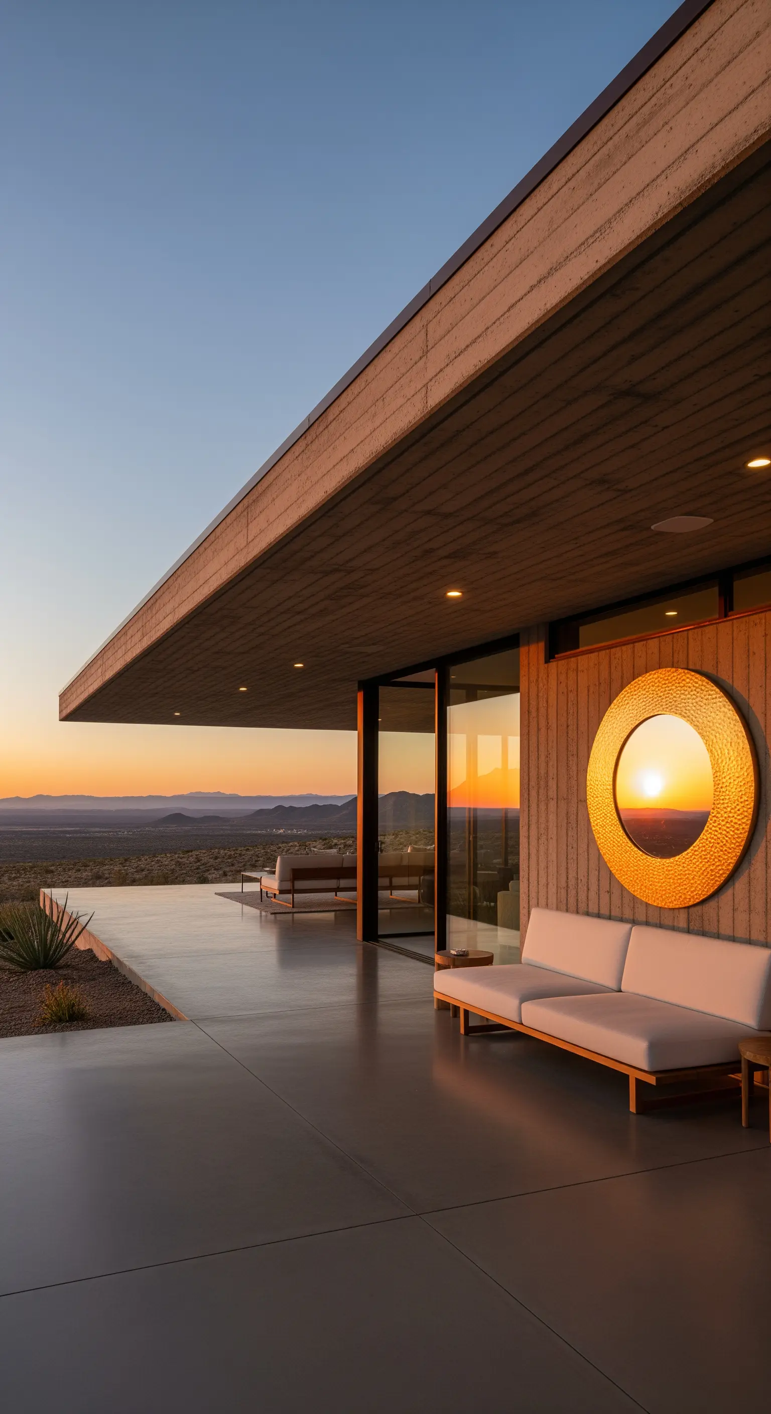 Veranda moderna in cemento con specchio rotondo dorato che riflette un tramonto sul deserto
