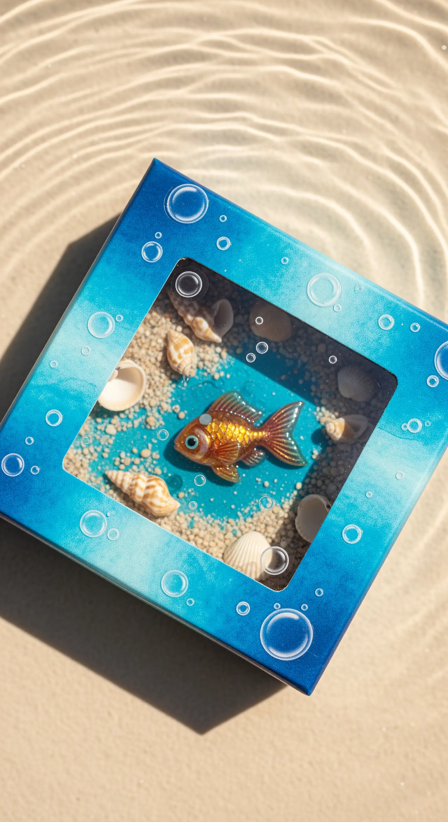 Scatola blu con finestra trasparente che mostra un pesciolino dorato su un letto di sabbia e conchiglie.