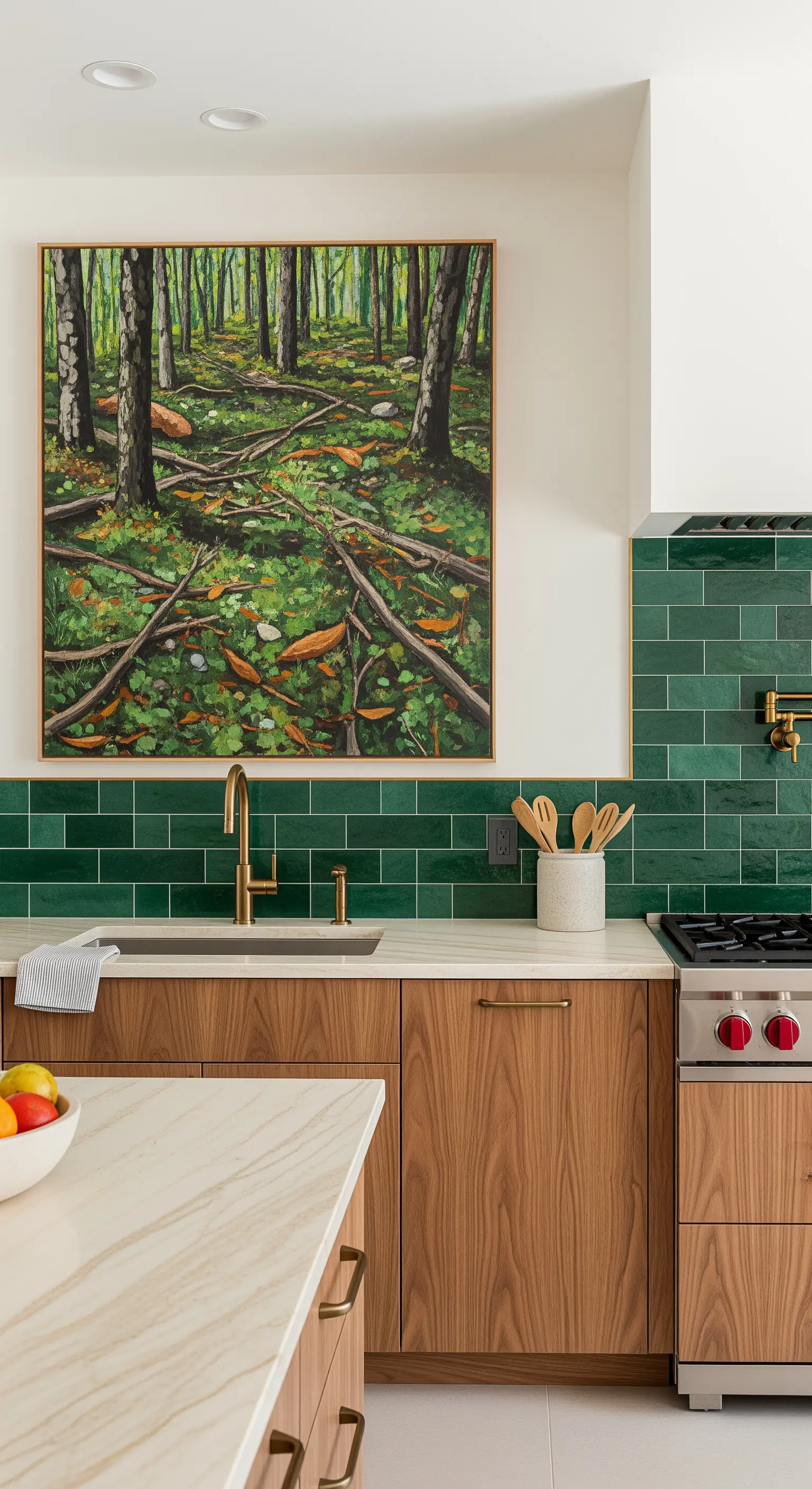 Cucina con piastrelle verde scuro e un quadro che ritrae un bosco sopra il lavello.