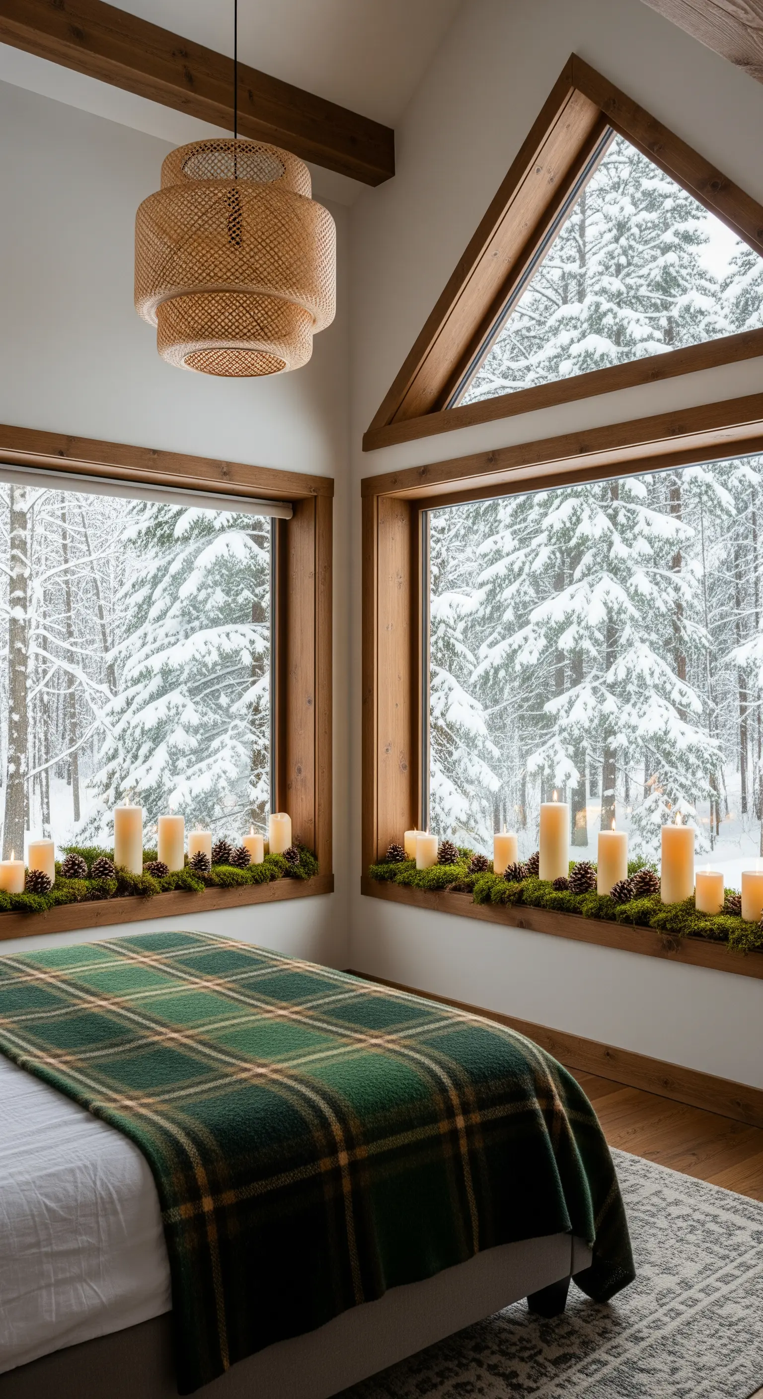 Camera da letto con ampie finestre affacciate su un bosco innevato e candele sul davanzale.