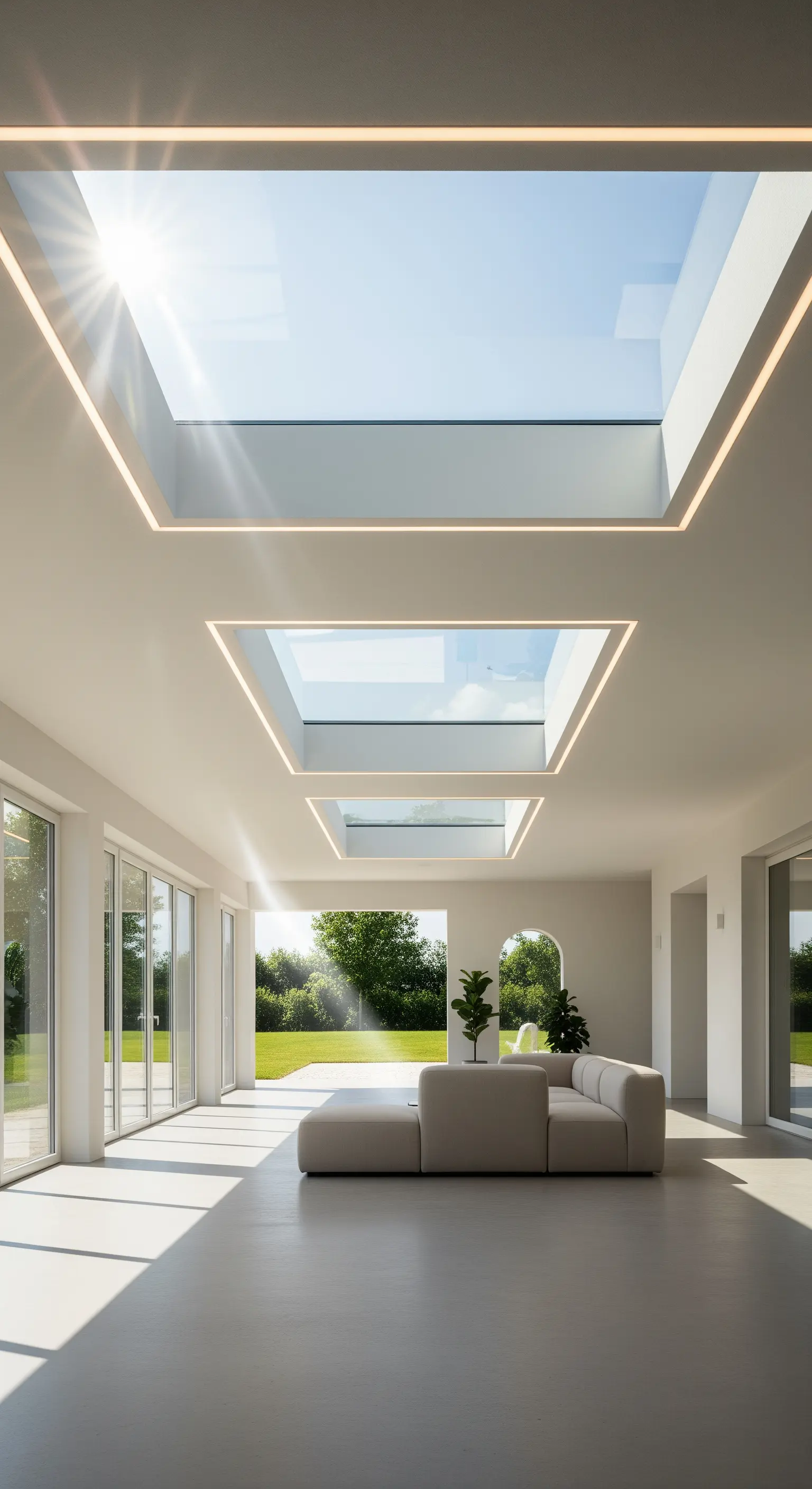 Stanza bianca e luminosa con tre lucernari rettangolari incorniciati da luci a LED