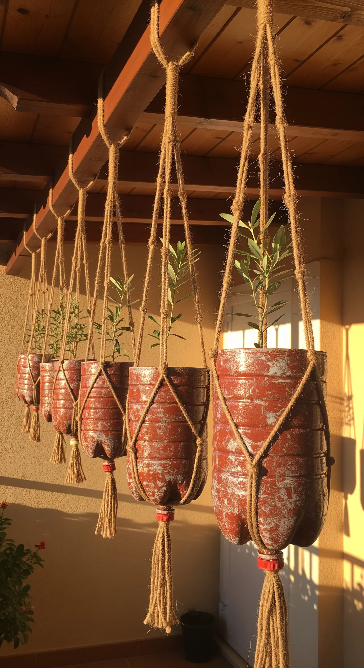 Fioriere sospese con corda, dipinte per assomigliare a vasi di terracotta invecchiata.