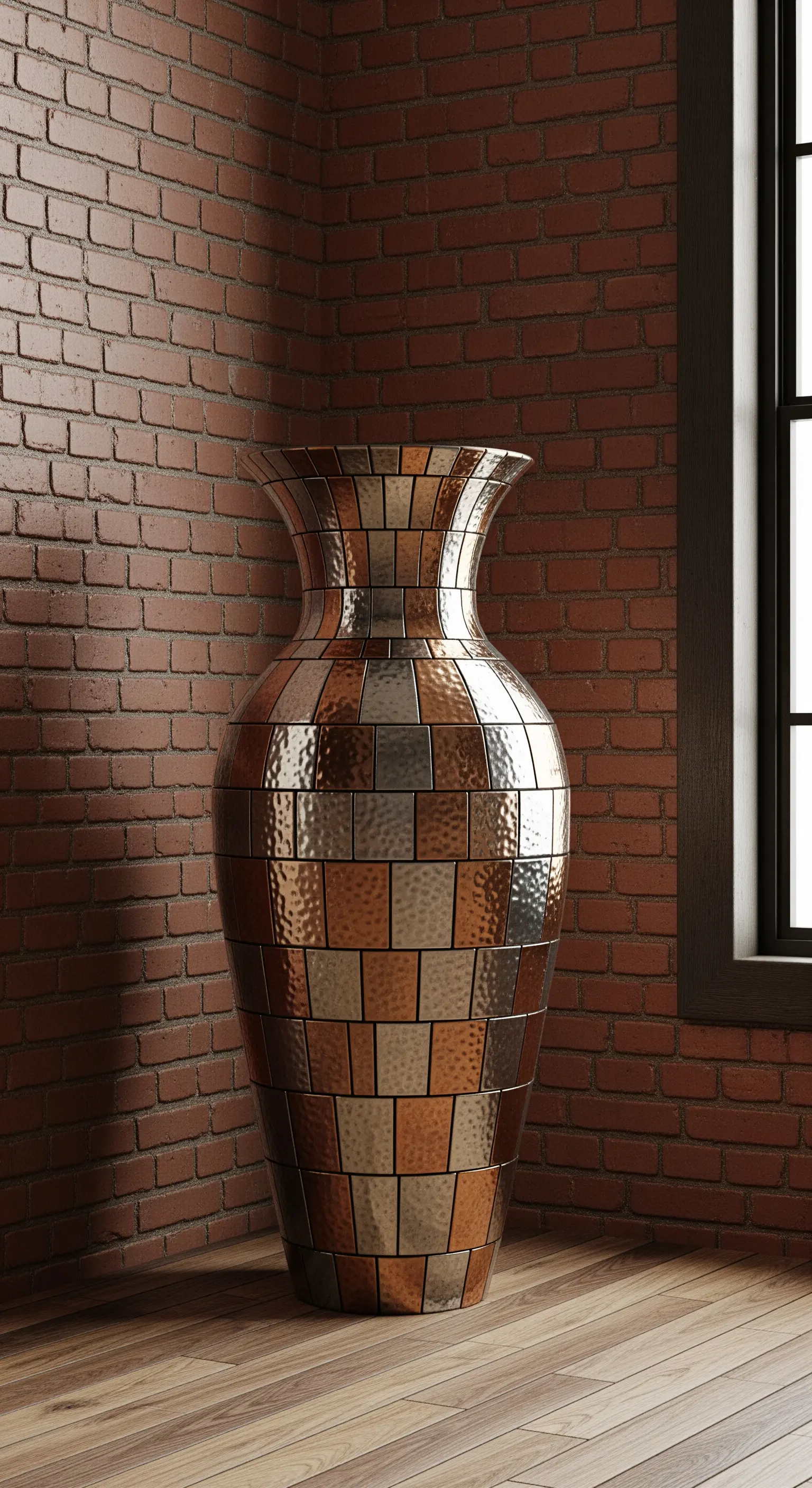 Grande vaso metallico con un mosaico di tessere quadrate color rame e argento, in un angolo industriale.