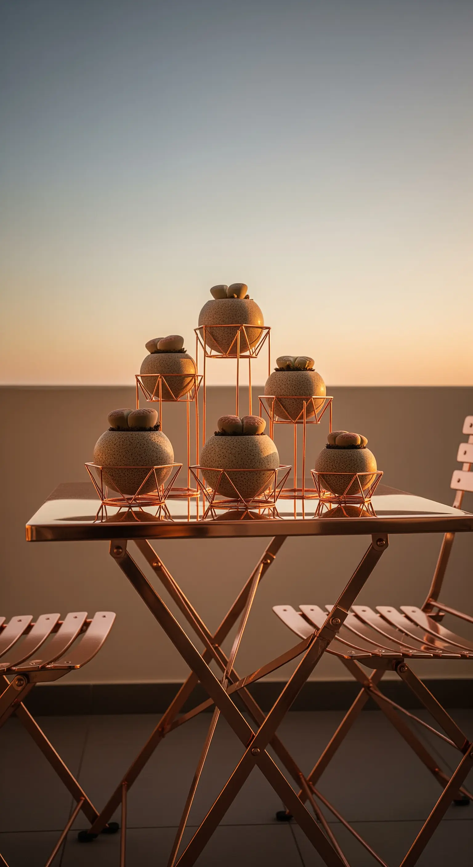 Set bistrò color rame su una terrazza al tramonto, con centrotavola geometrico.