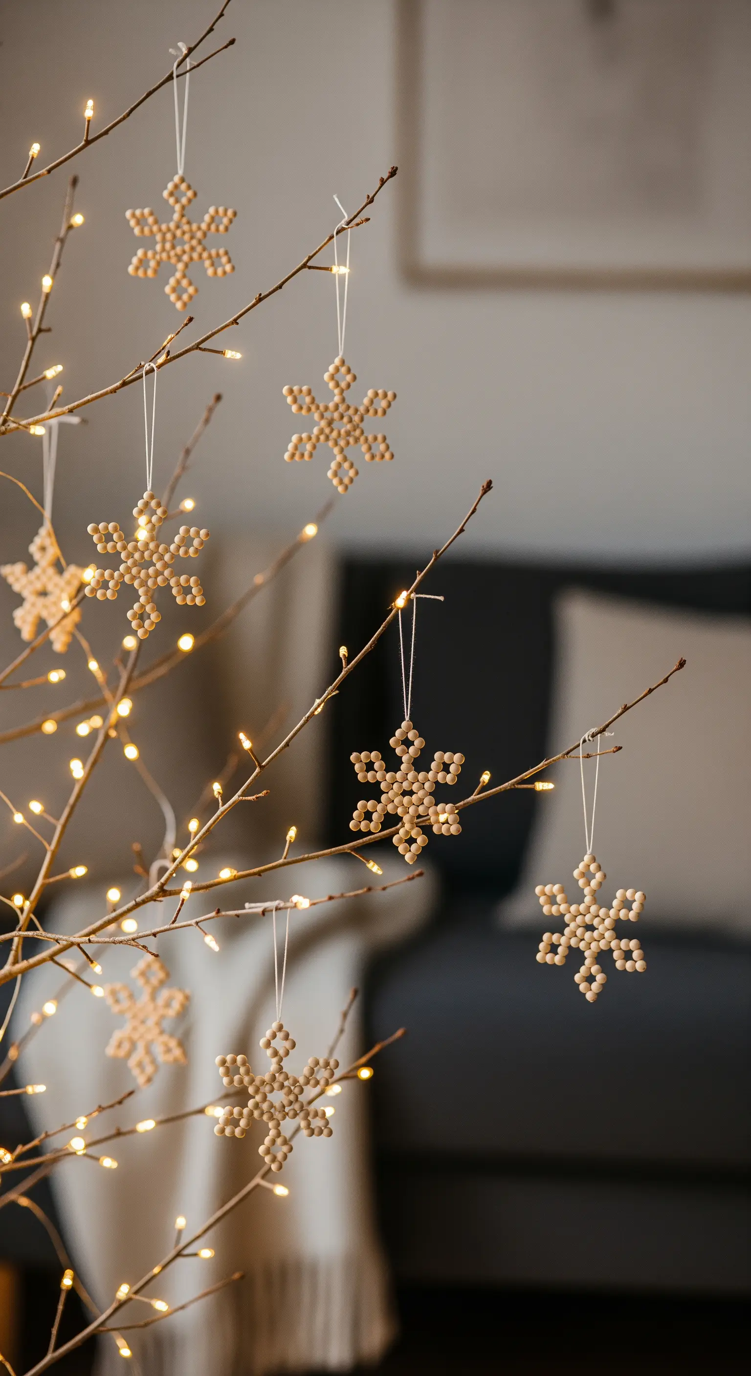 Decorazioni a forma di fiocco di neve, fatte con piccole perline di legno, appese a rami illuminati.