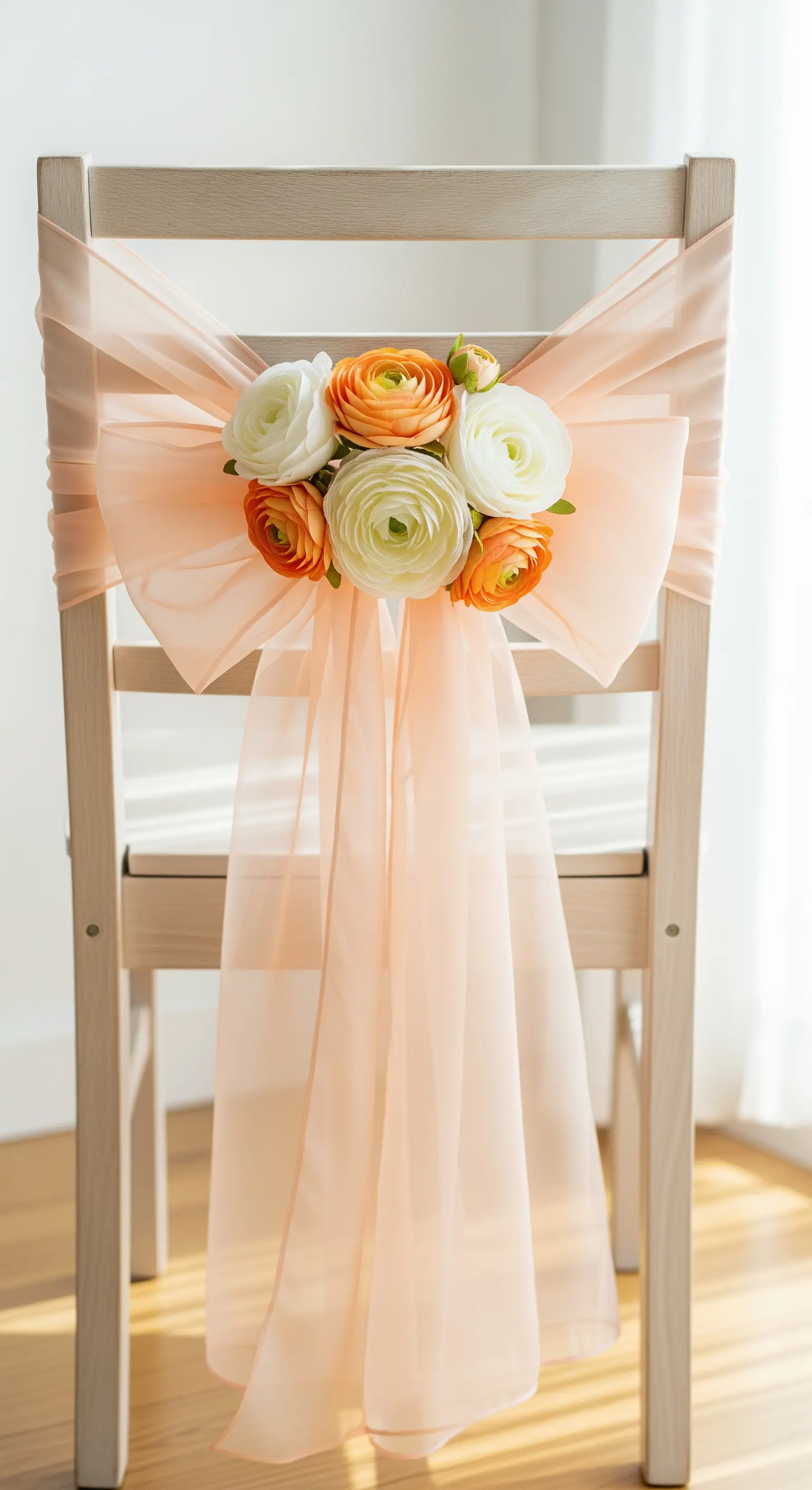 Sedia in legno bianco con un grande fiocco in organza color pesca e fiori di ranuncolo.